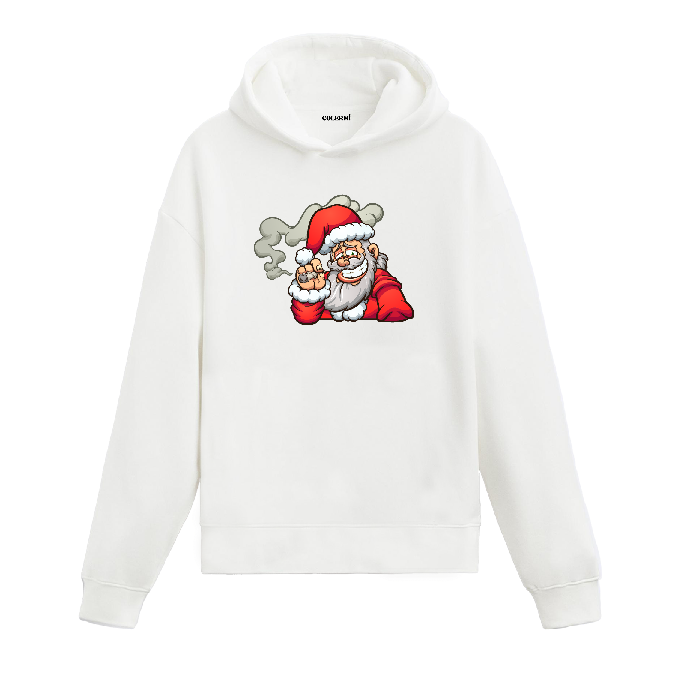 Beyaz Noel Baba baskılı hoodie, %100 premium pamuk, modern yılbaşı baskısı