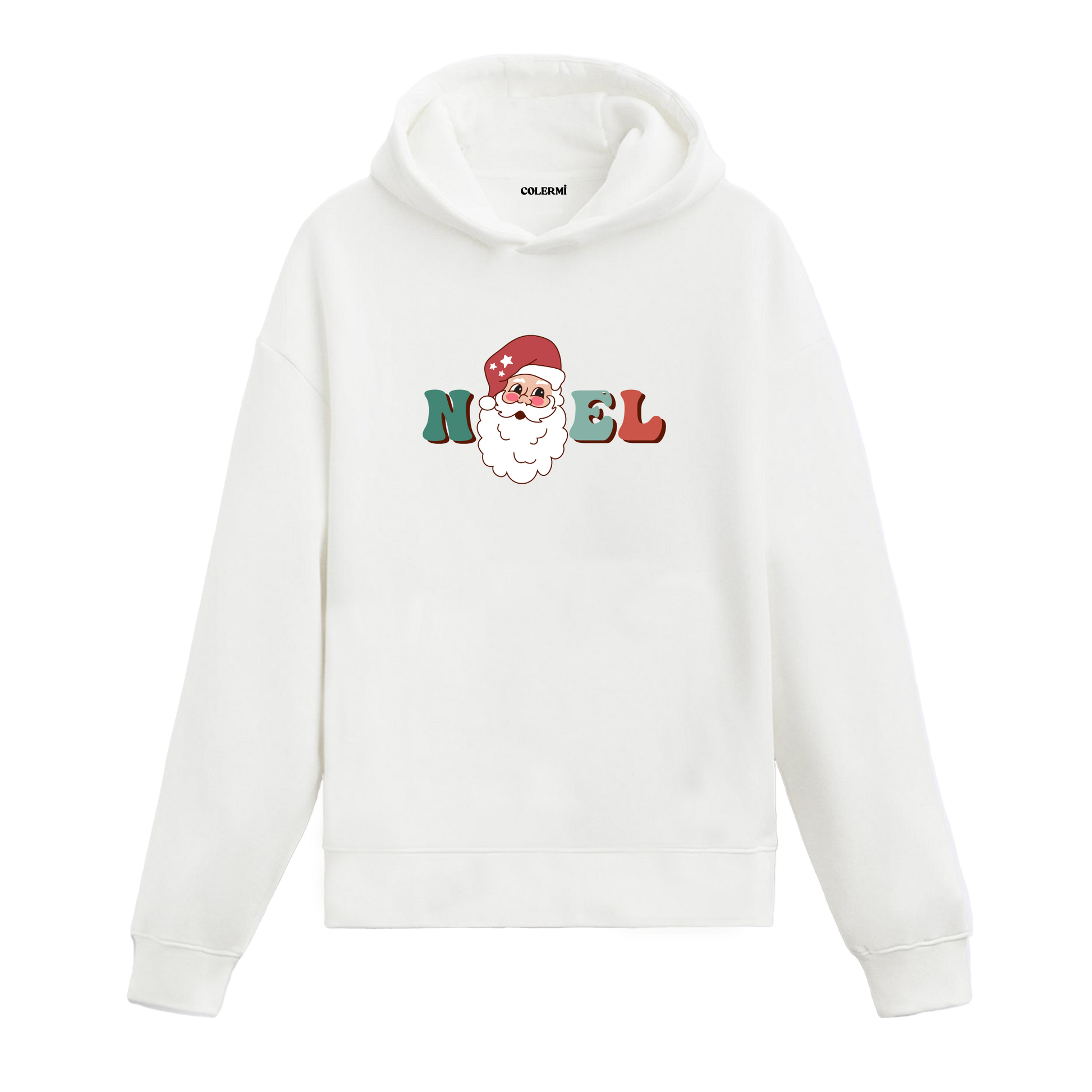 Beyaz Noel Baba yüzü baskılı hoodie, %100 pamuk, unisex, yılbaşı baskılı hoodie