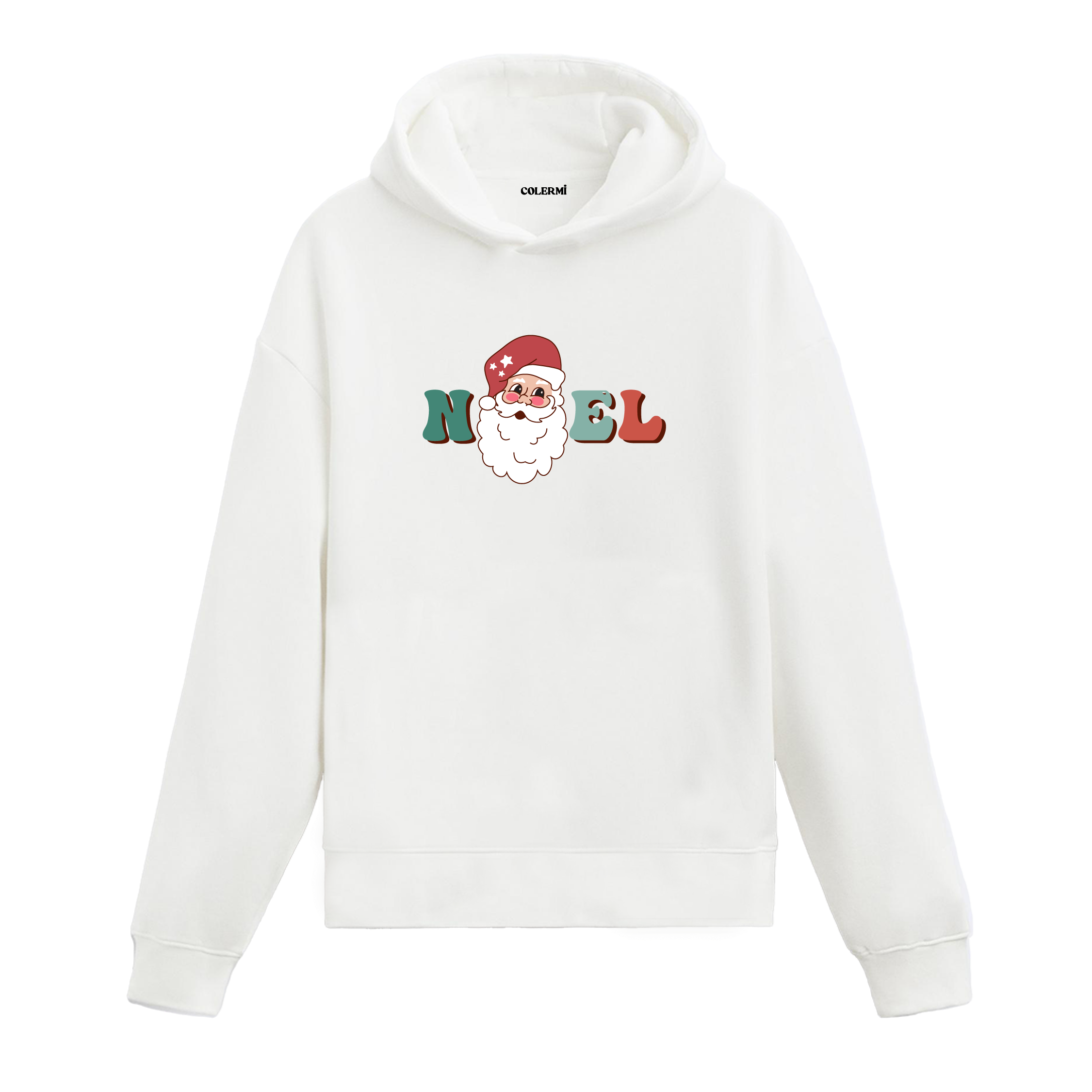 Beyaz Noel Baba yüzü baskılı hoodie, %100 pamuk, unisex, yılbaşı baskılı hoodie