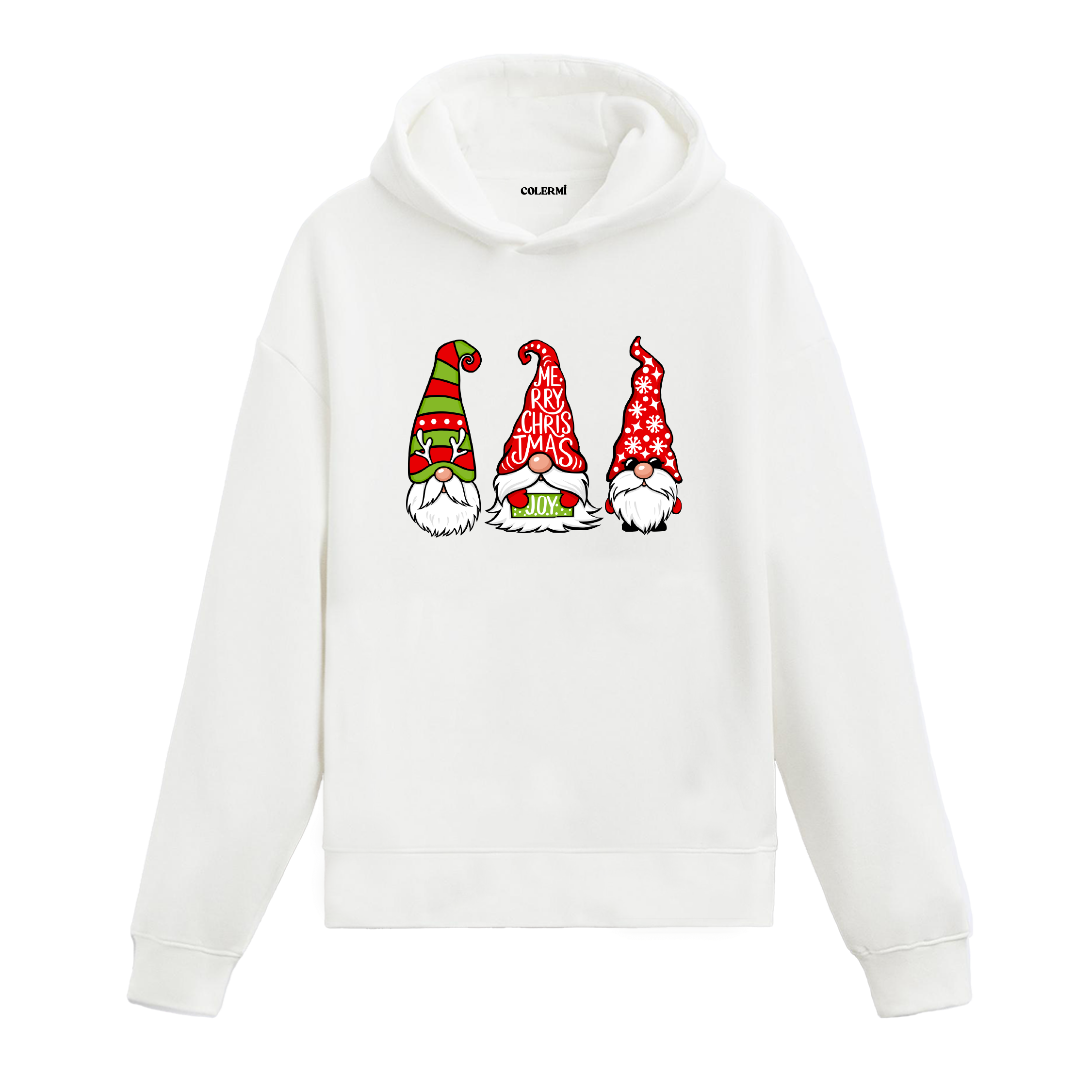 Beyaz Noel cüceleri baskılı hoodie, yılbaşı baskılı, %100 pamuk, unisex hoodie