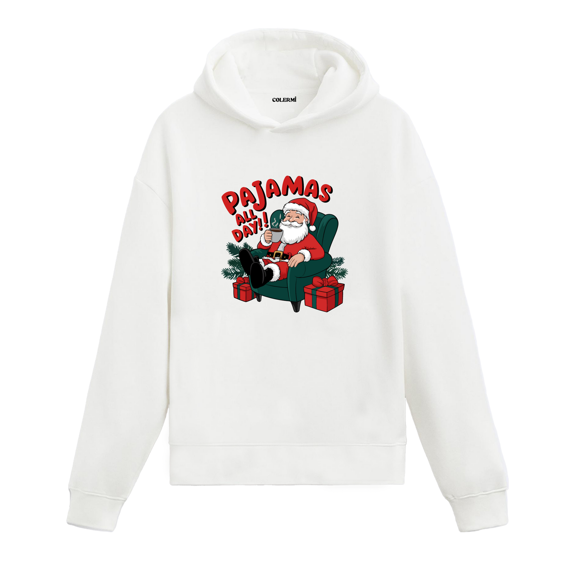 Beyaz pijamalı Noel Baba baskılı hoodie, yılbaşı yazılı baskı, %100 premium pamuk, unisex hoodie