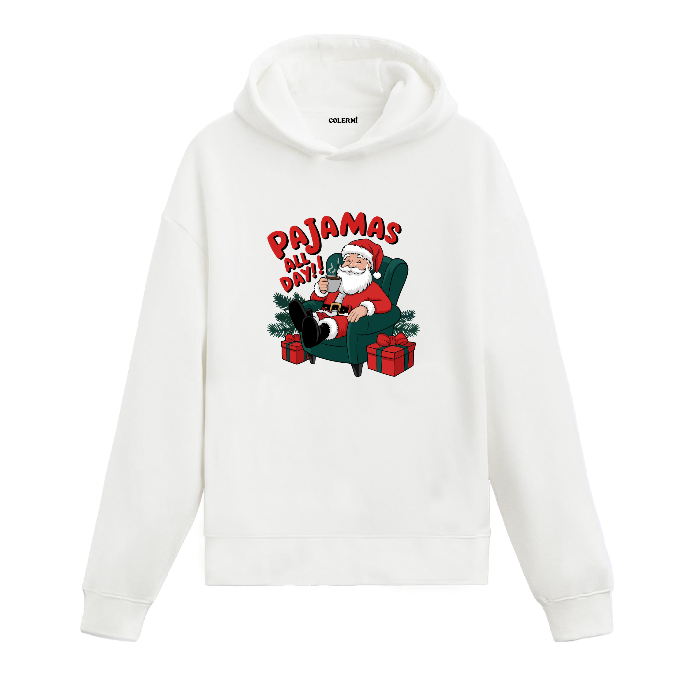 Beyaz pijamalı Noel Baba baskılı hoodie, yılbaşı yazılı baskı, %100 premium pamuk, unisex hoodie