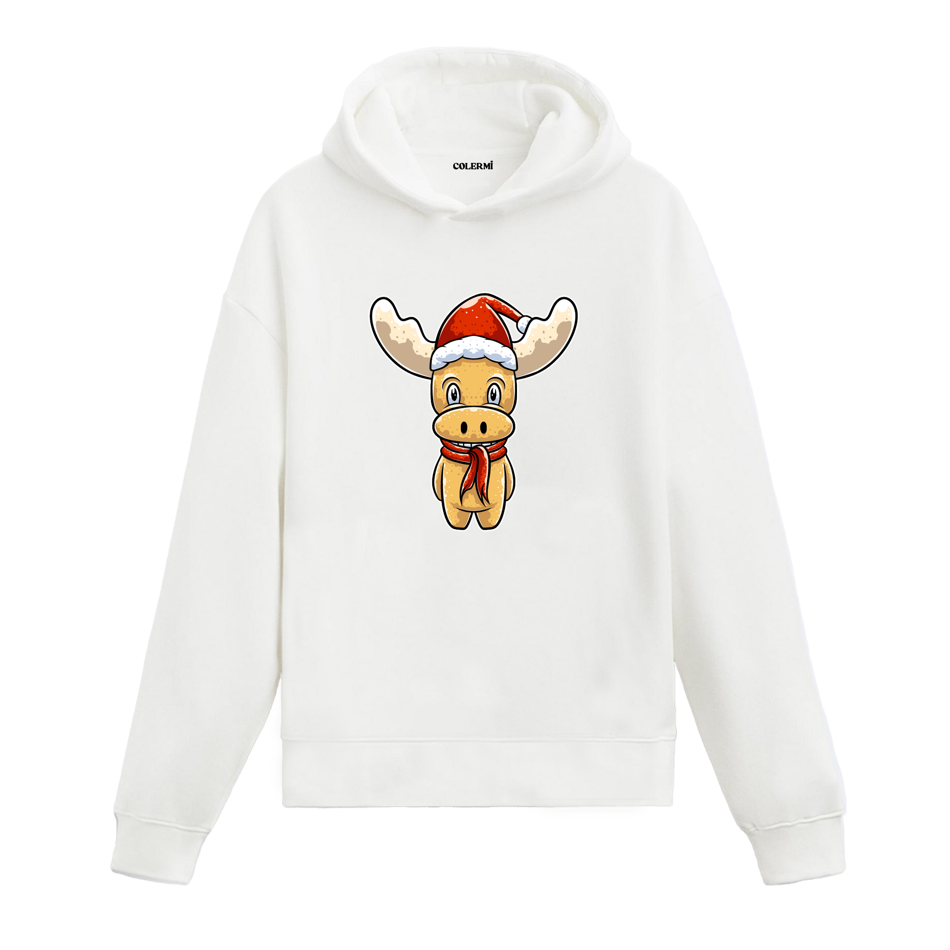 Beyaz sevimli Noel geyiği baskılı hoodie, pamuk kumaş, unisex, yılbaşı baskılı hoodie