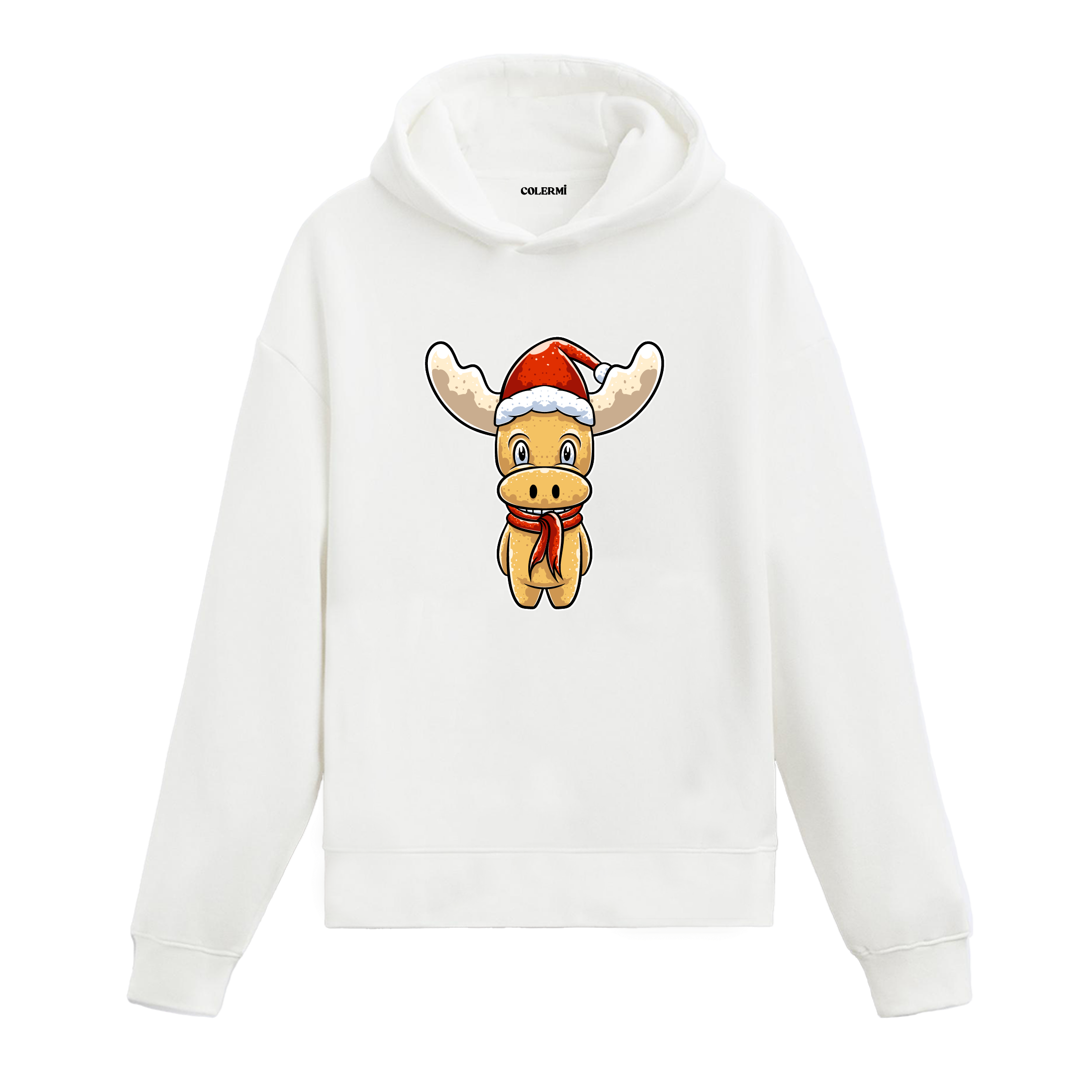 Beyaz sevimli Noel geyiği baskılı hoodie, pamuk kumaş, unisex, yılbaşı baskılı hoodie