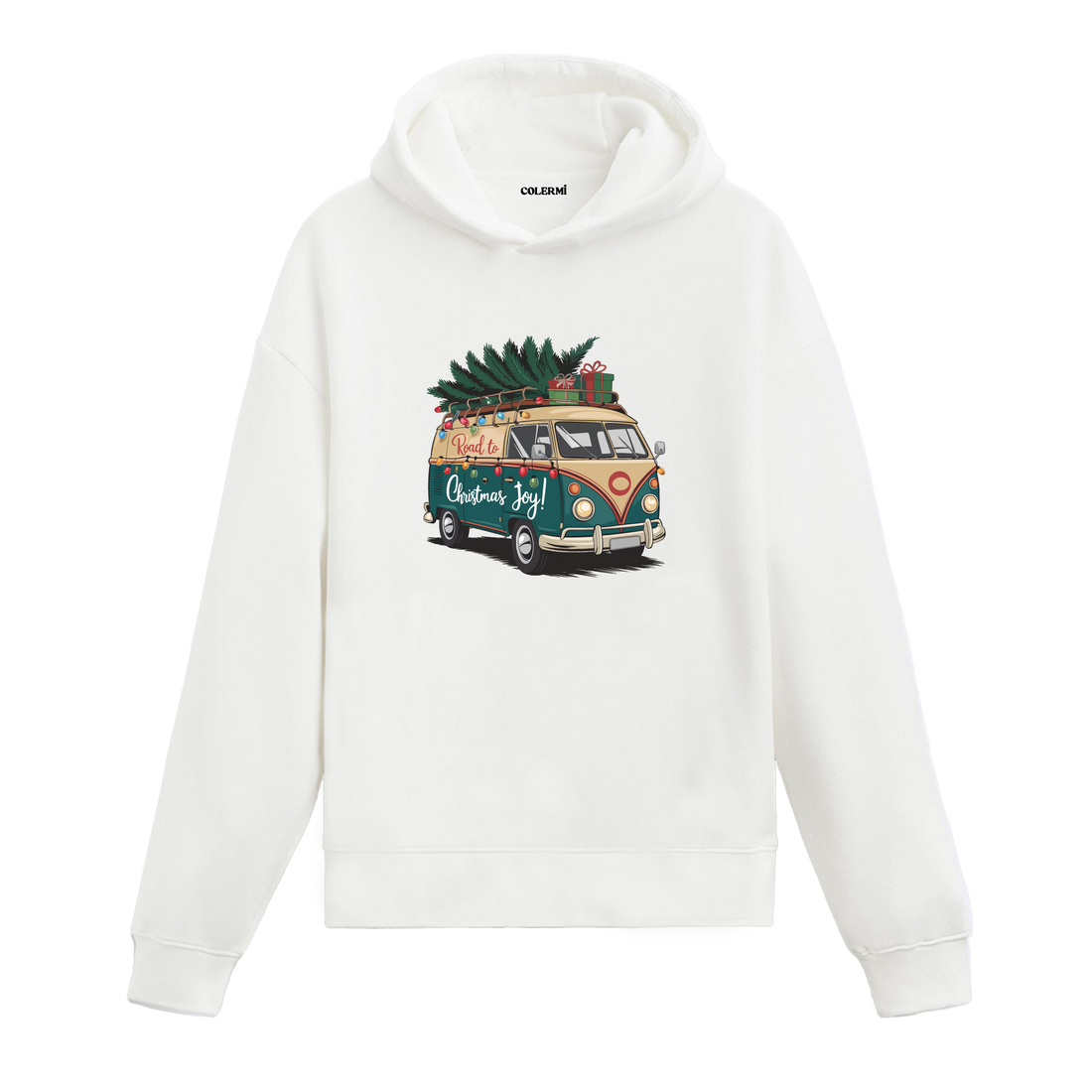 Beyaz yılbaşı minibüs baskılı hoodie, retro tasarım, %100 pamuk, unisex hoodie