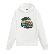 Beyaz yılbaşı minibüs baskılı hoodie, retro tasarım, %100 pamuk, unisex hoodie