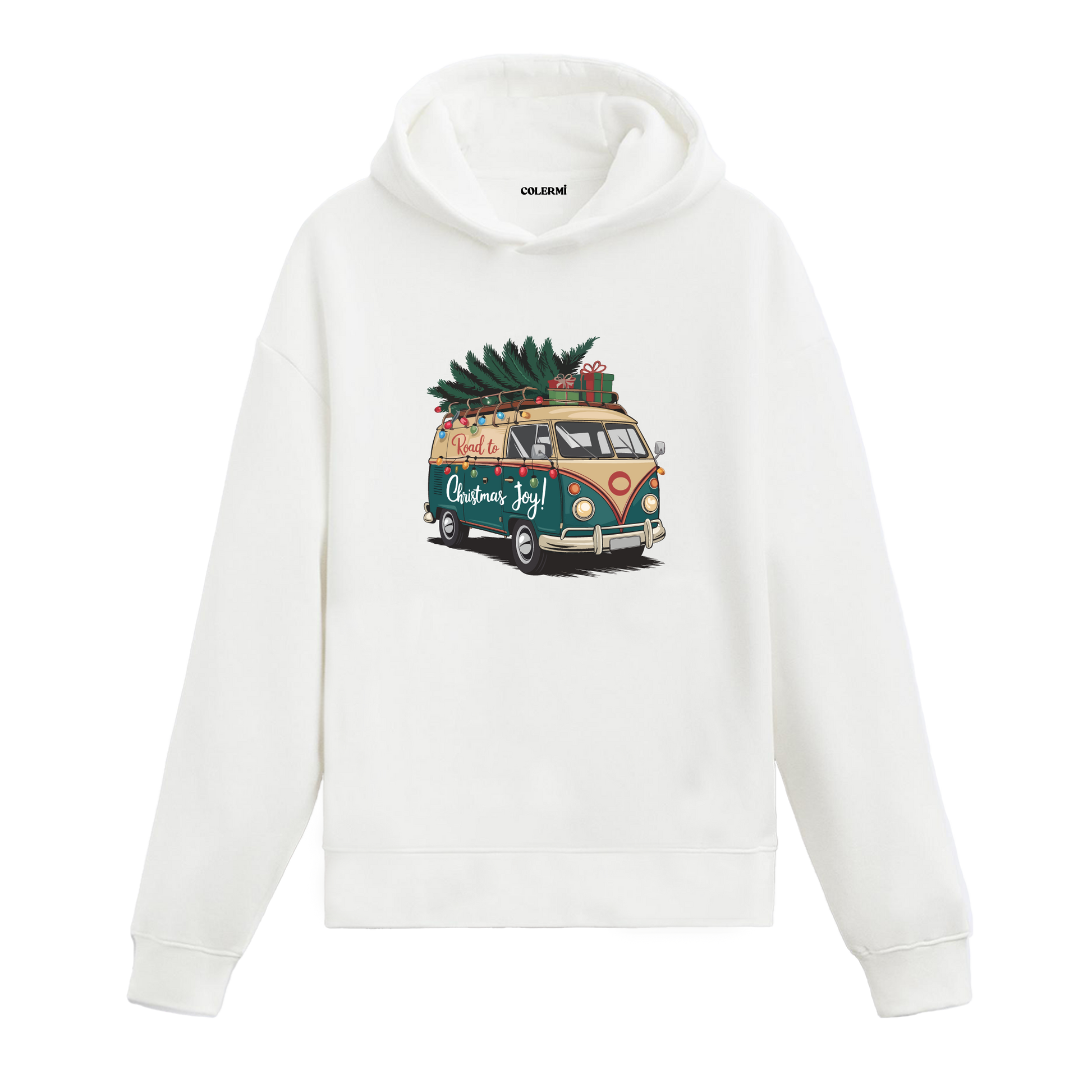 Beyaz yılbaşı minibüs baskılı hoodie, retro tasarım, %100 pamuk, unisex hoodie