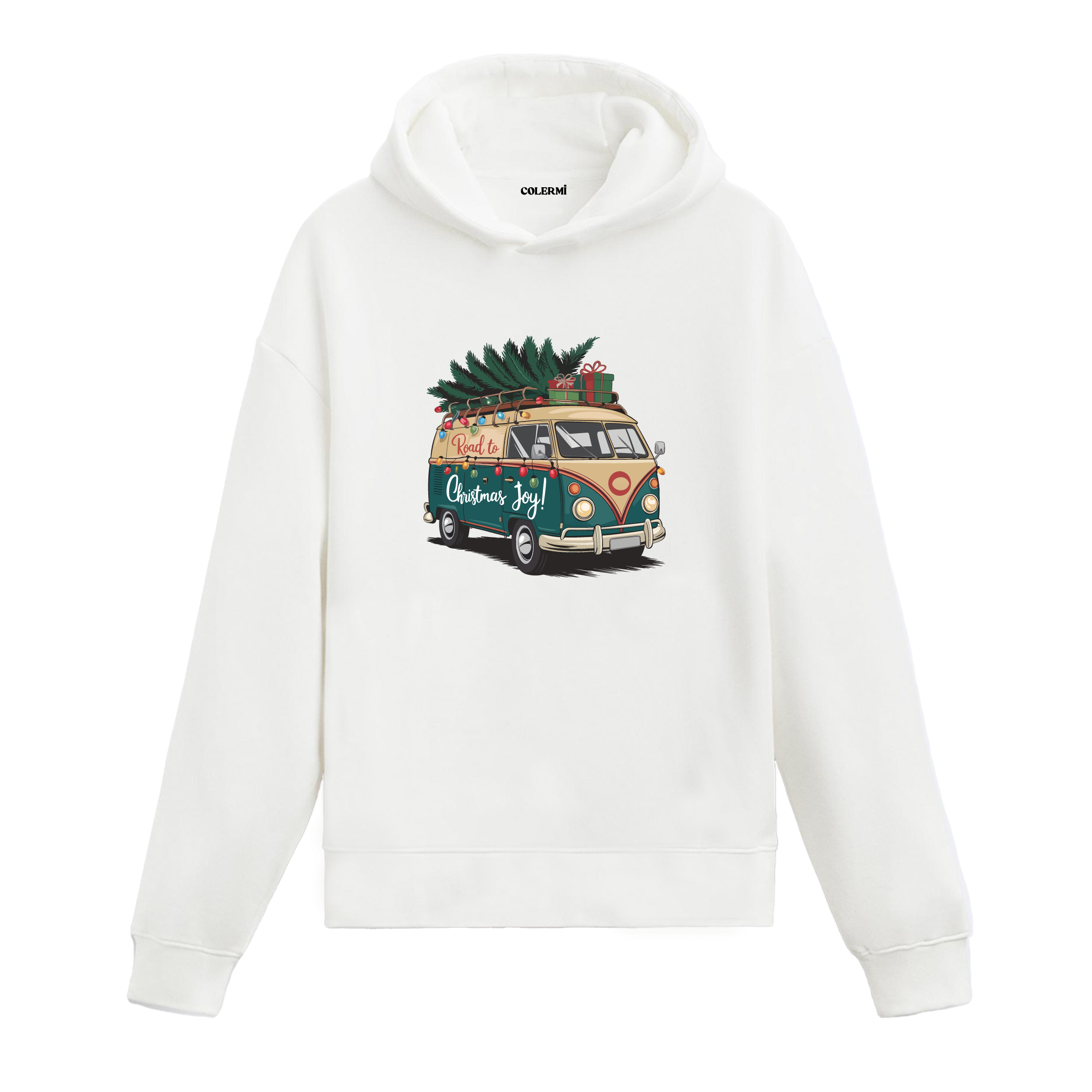 Beyaz yılbaşı minibüs baskılı hoodie, retro tasarım, %100 pamuk, unisex hoodie