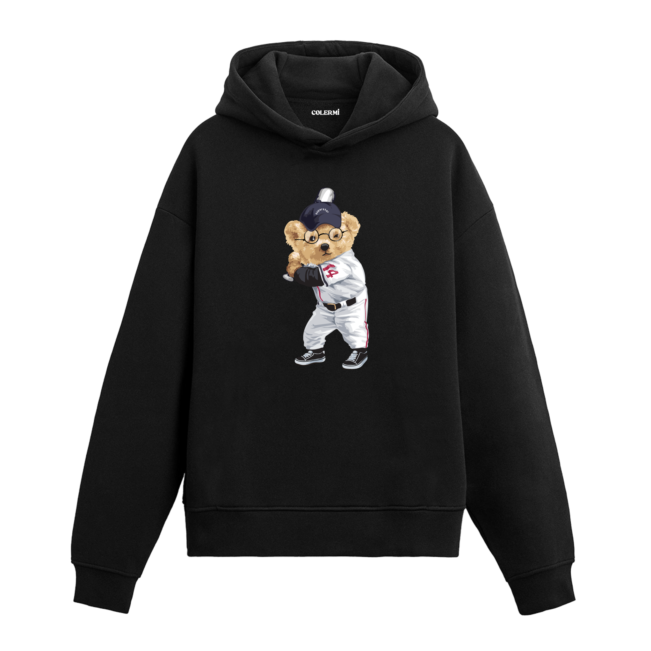 Beyzbol sopası tutan ayıcık figürlü hoodie tasarımı.