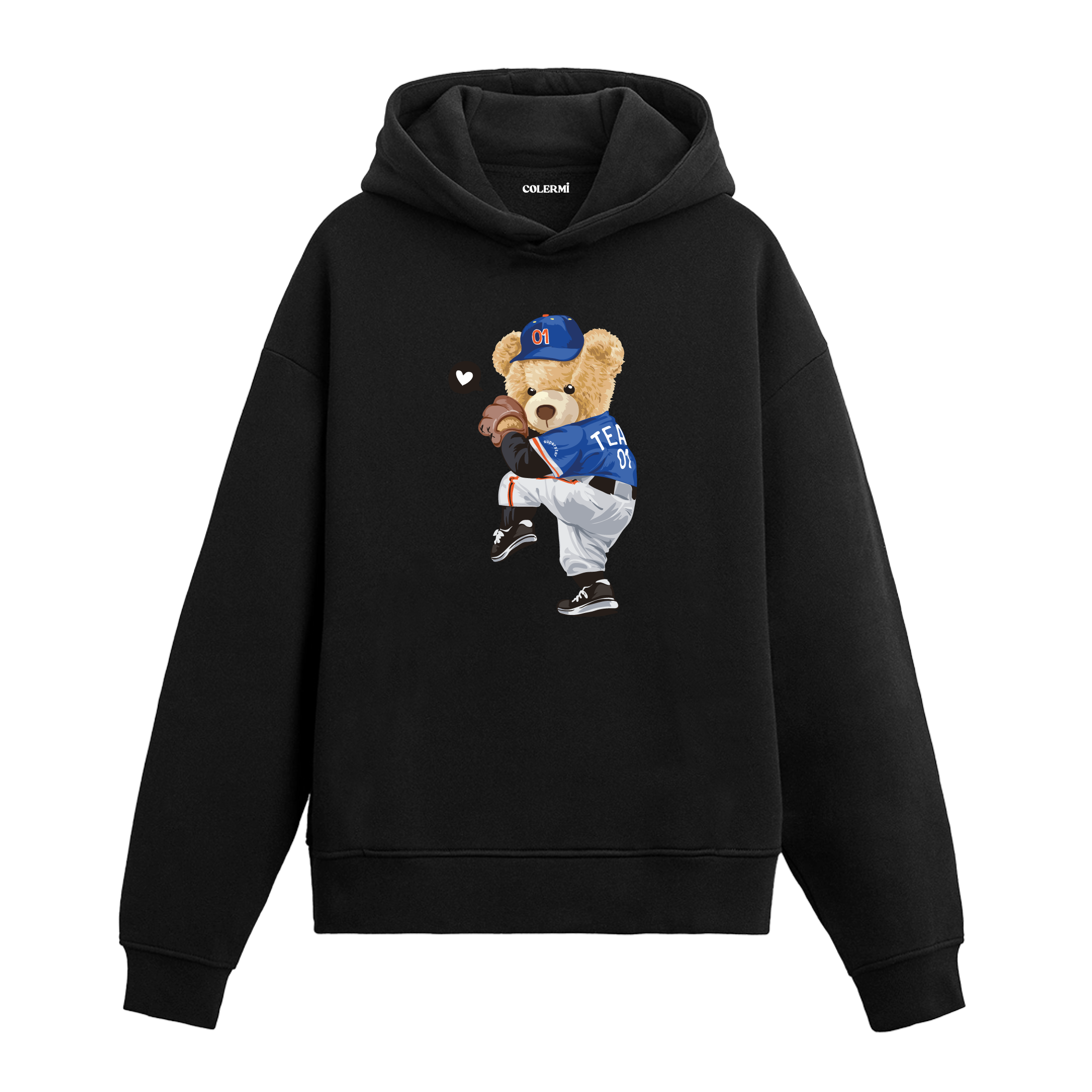 Beyzbol oynayan ayıcık baskılı hoodie modeli.