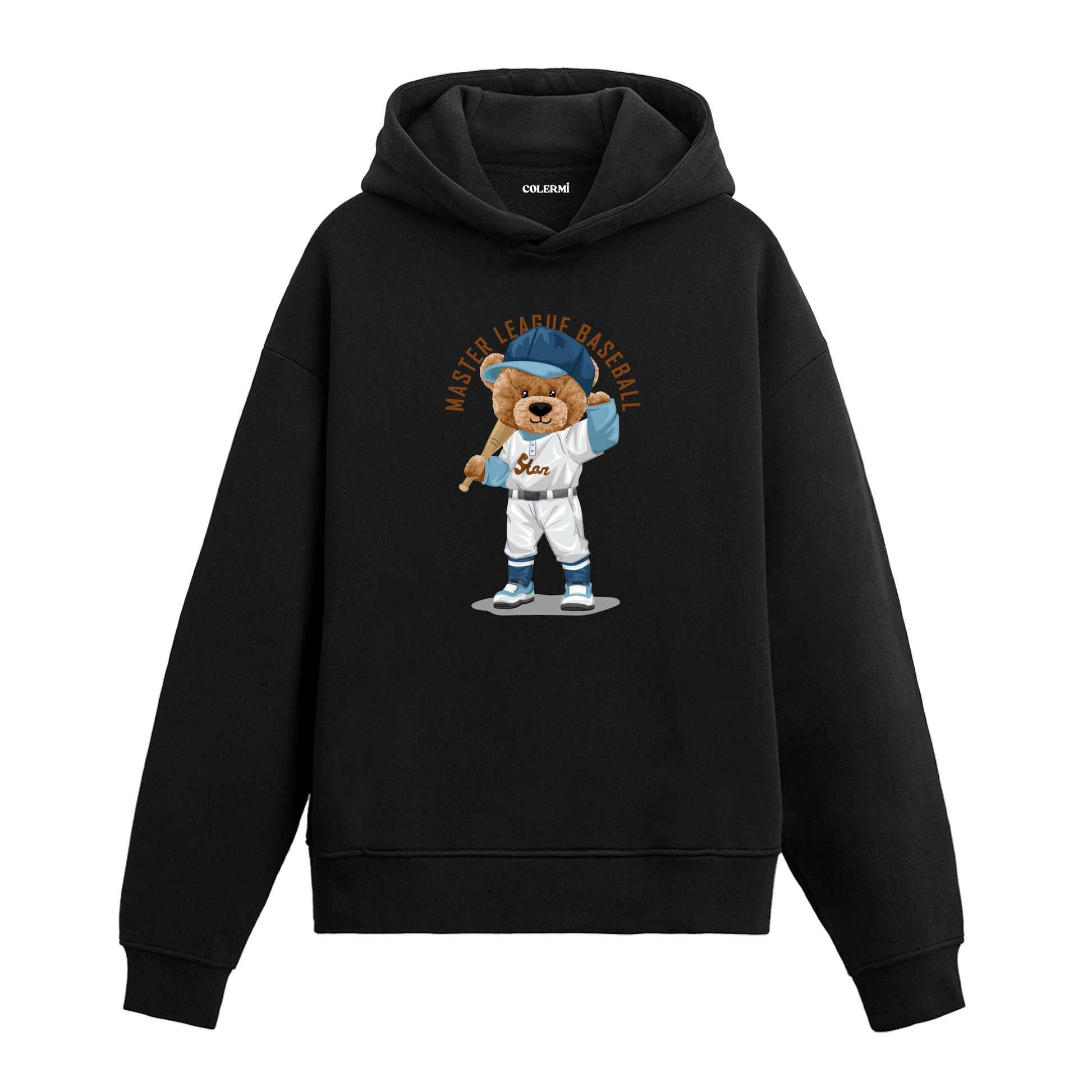 Elinde beyzbol sopası tutan ve mavi beyaz formayla poz veren ayıcık baskılı hoodie tasarımı.