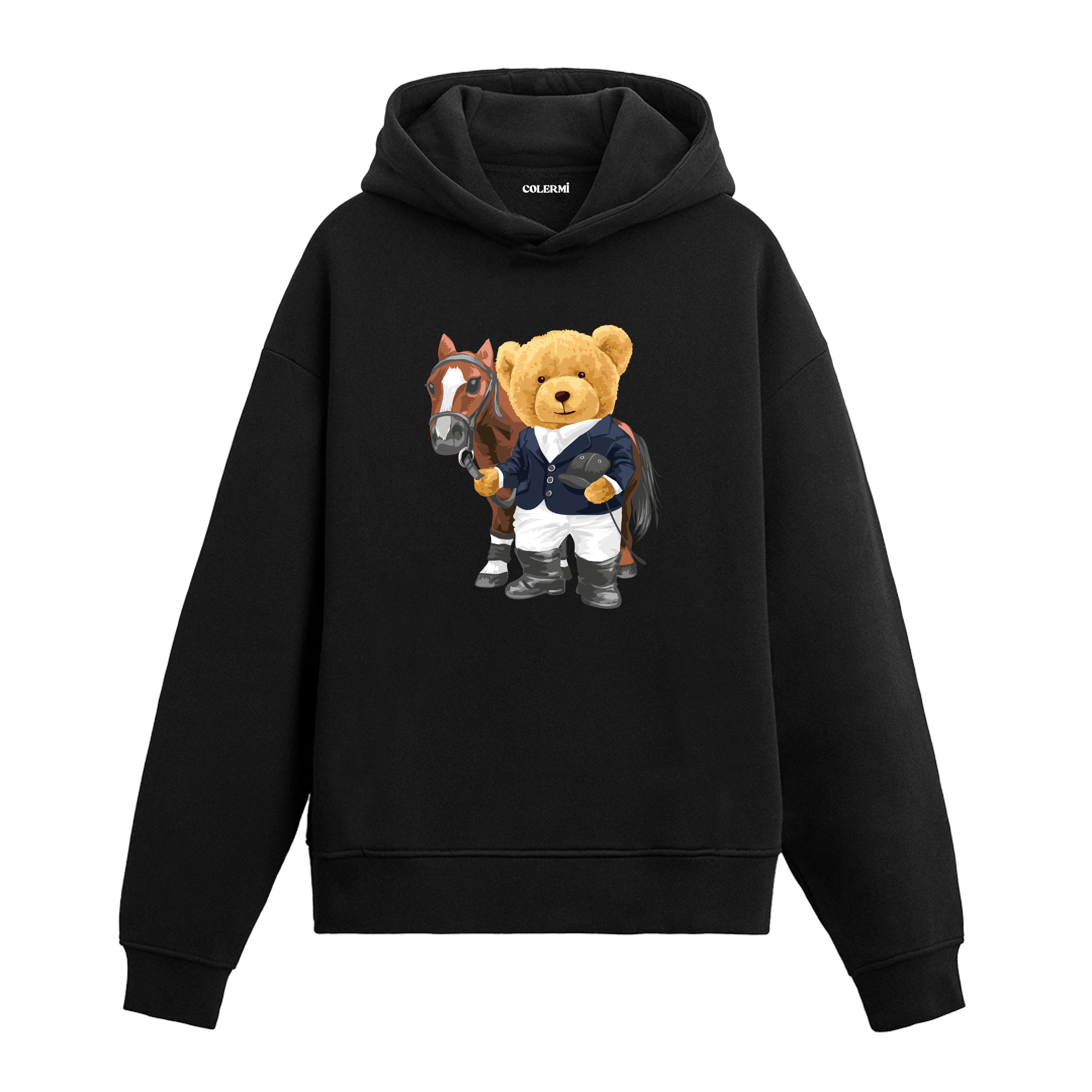 Atıyla birlikte duran binici kıyafetli ayıcık baskılı hoodie tasarımı.