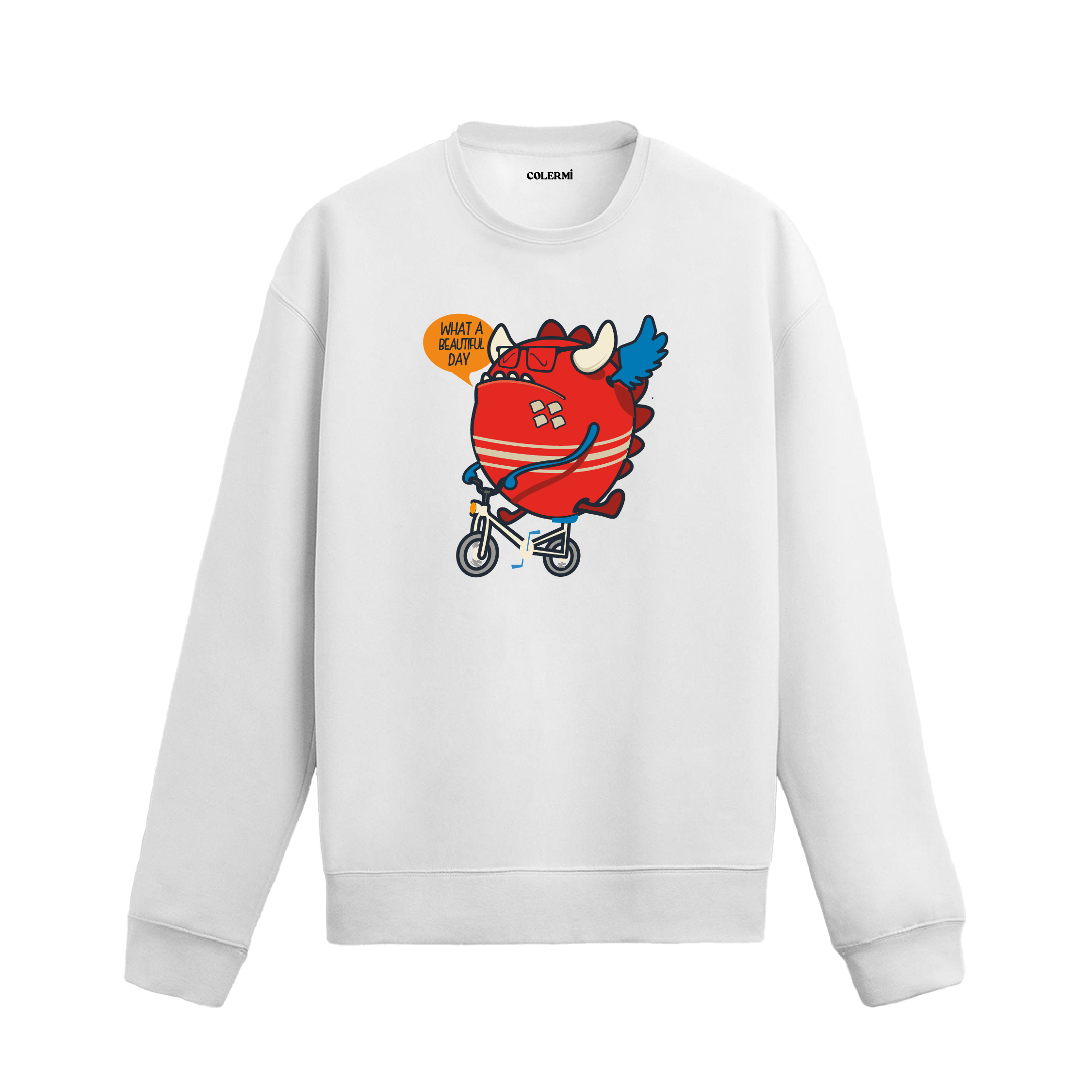 beyaz sweatshirt üzerinde bisiklet süren komik karakter tasarımı