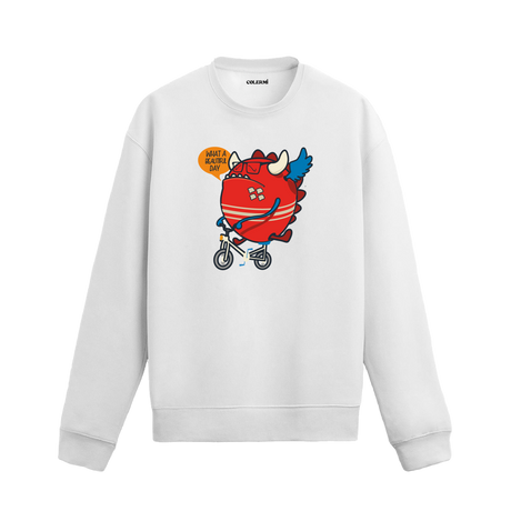 beyaz sweatshirt üzerinde bisiklet süren komik karakter tasarımı