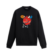 Siyah sweatshirt üzerinde bisiklet süren komik karakter tasarımı