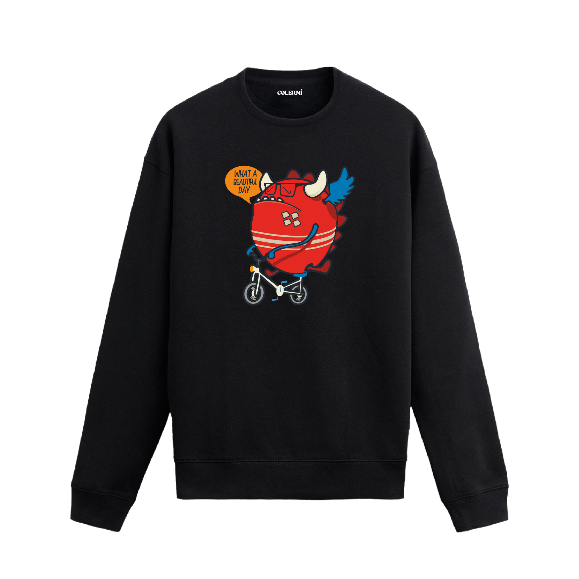 Siyah sweatshirt üzerinde bisiklet süren komik karakter tasarımı