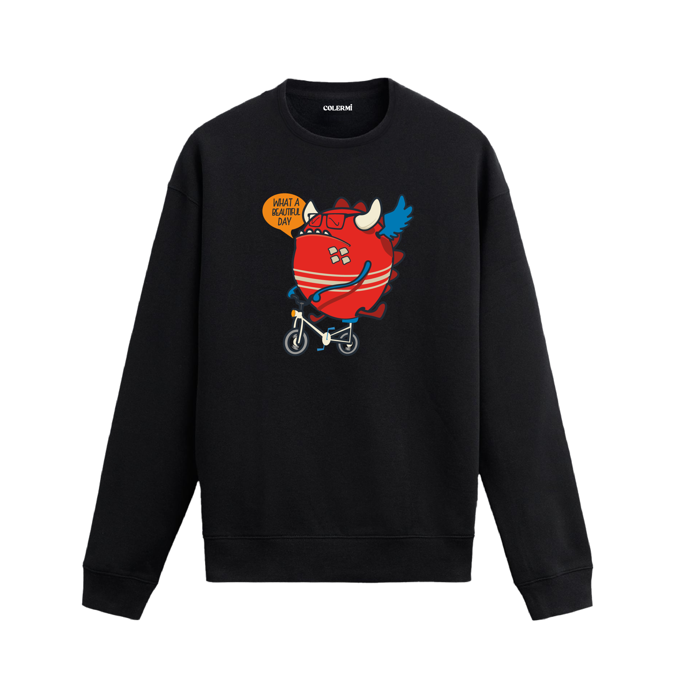 Siyah sweatshirt üzerinde bisiklet süren komik karakter tasarımı