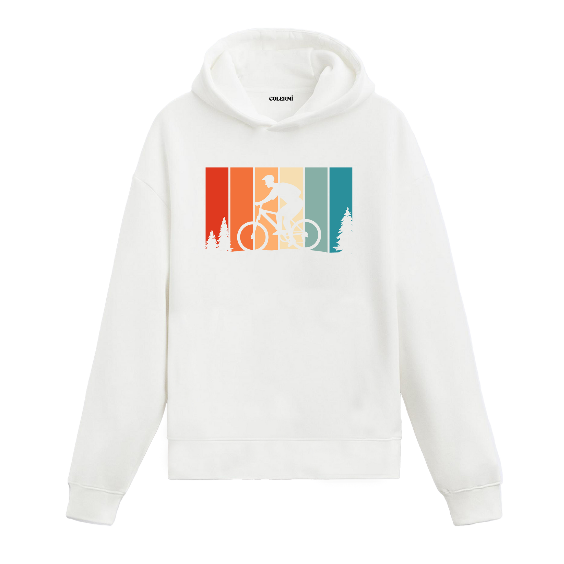 Beyaz bisikletçi baskılı hoodie, dağ bisikleti figürü, %100 pamuk hoodie
