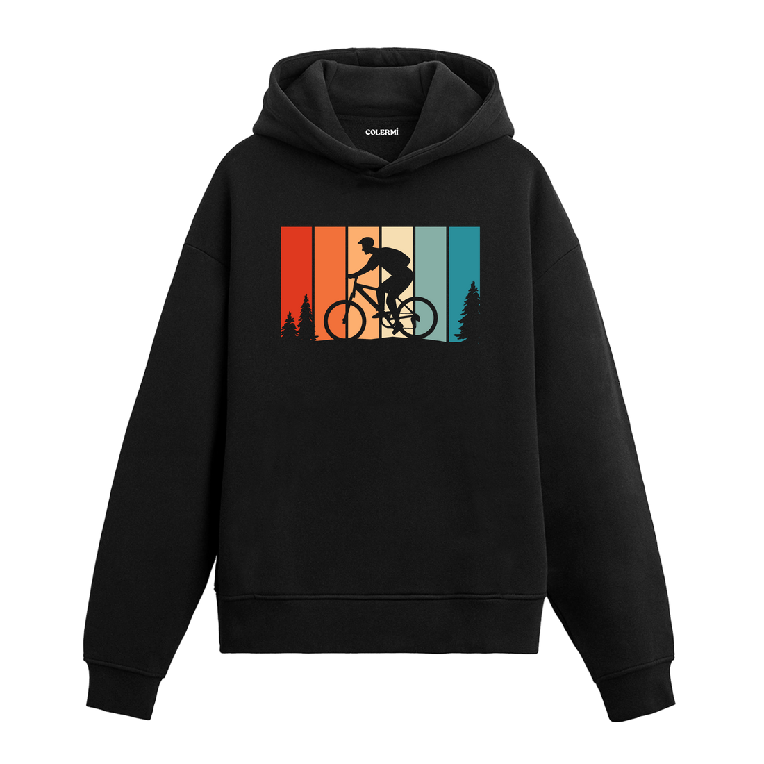 Siyah bisikletçi baskılı hoodie, dağ bisikleti figürlü tasarım, pamuklu unisex hoodie
