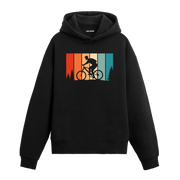 Siyah bisikletçi baskılı hoodie, dağ bisikleti figürlü tasarım, pamuklu unisex hoodie