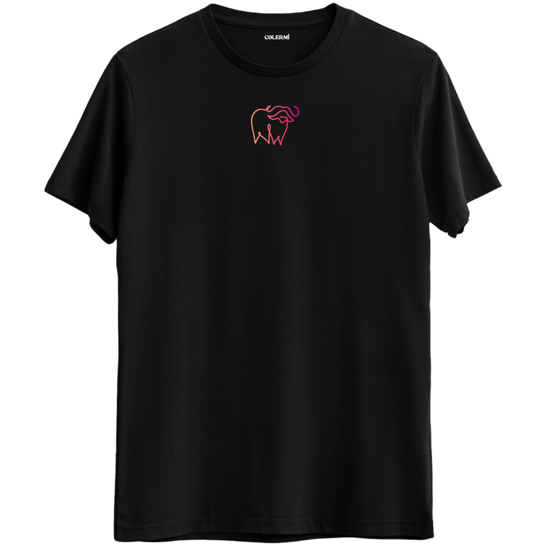 Minimalist çizgilerle tasarlanmış bizon figürlü Bisiklet Yaka T-Shirt.
