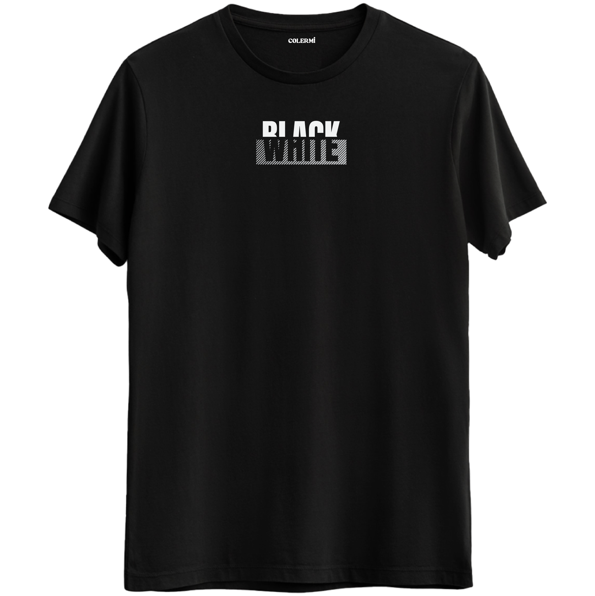 Siyah ve beyazın kontrastını yansıtan minimal, tipografik tasarımlı Bisiklet Yaka T-Shirt.