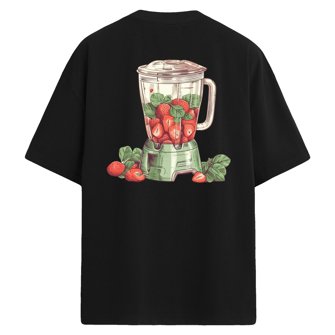 Çilek ve yeşil yapraklarla dolu blender çizimi bulunan siyah sırt baskılı oversize tişört