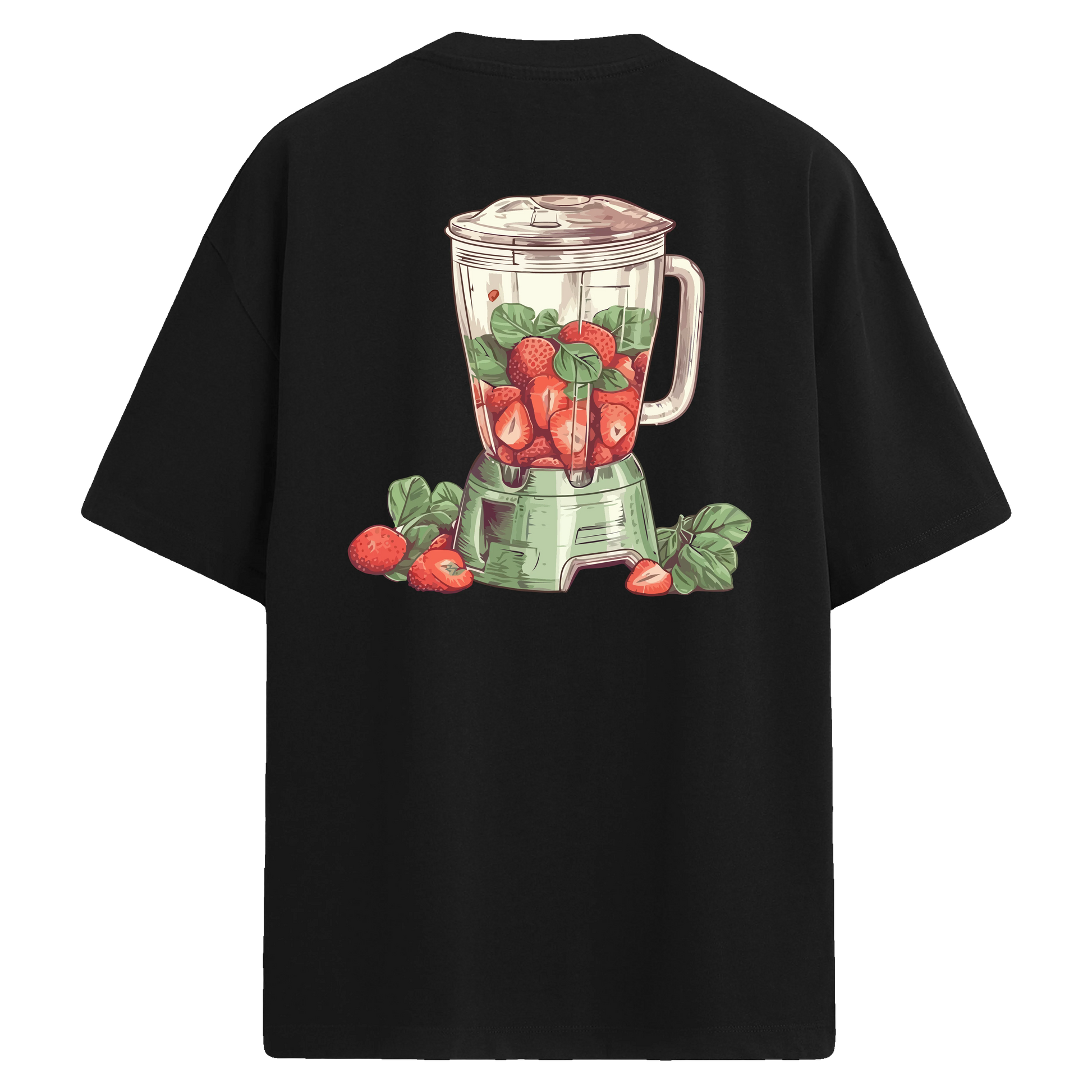 Çilek ve yeşil yapraklarla dolu blender çizimi bulunan siyah sırt baskılı oversize tişört