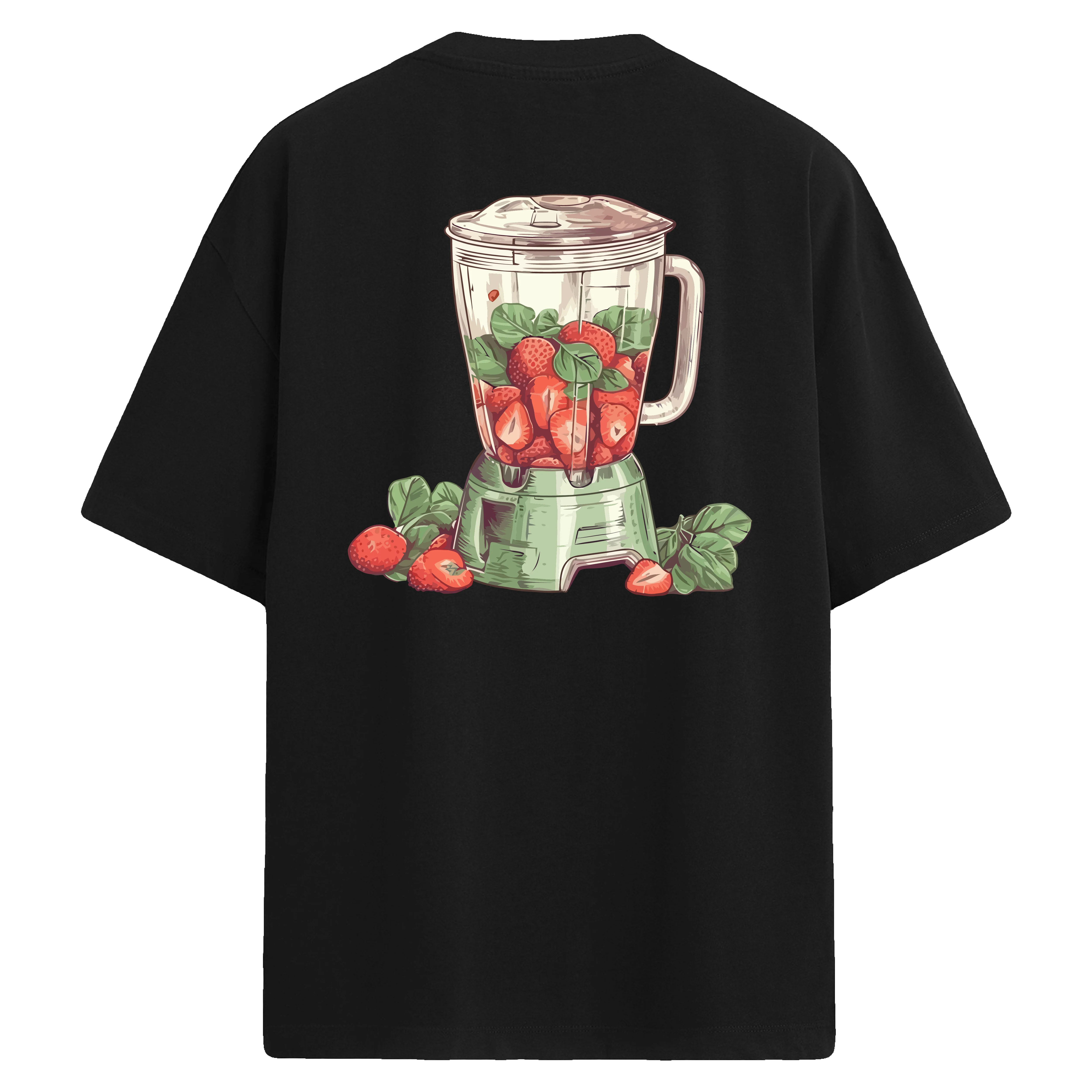 Çilek ve yeşil yapraklarla dolu blender çizimi bulunan siyah sırt baskılı oversize tişört