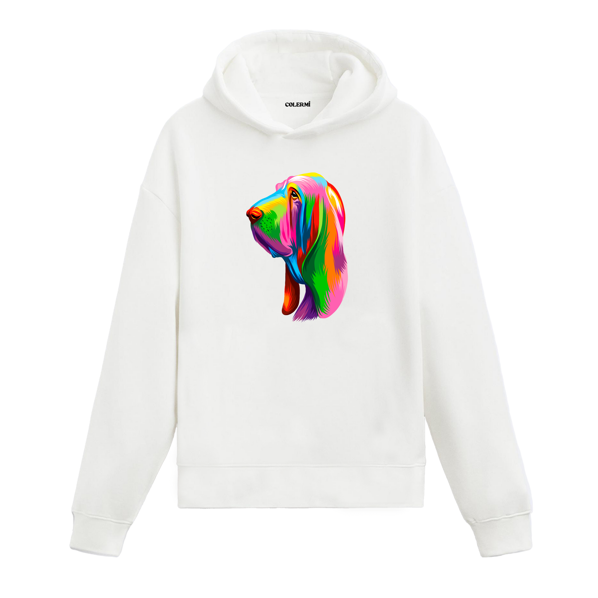 Renkli Bloodhound (Kan Tazısı) köpek baskılı beyaz hoodie