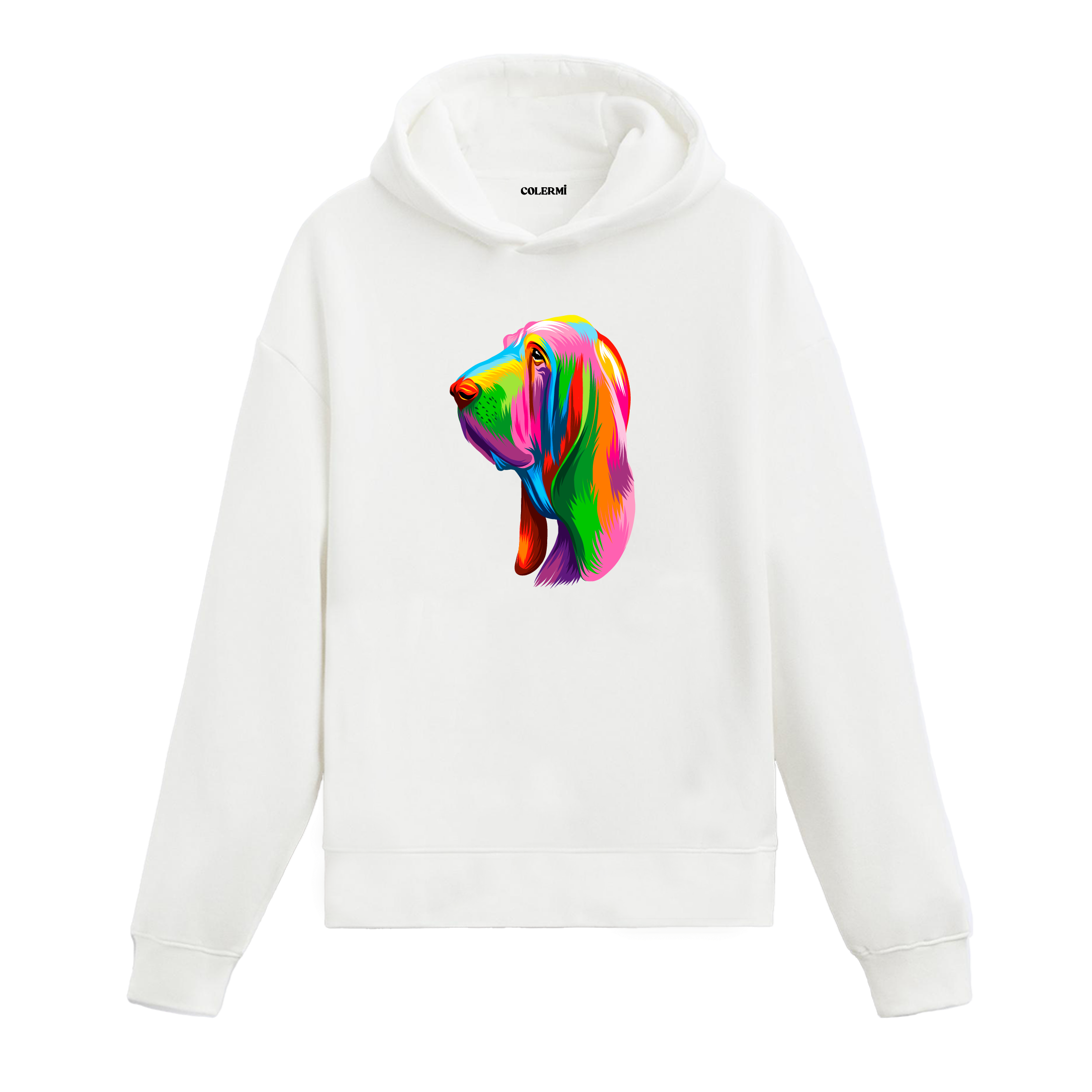 Renkli Bloodhound (Kan Tazısı) köpek baskılı beyaz hoodie