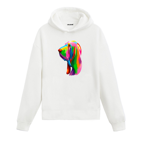 Renkli Bloodhound (Kan Tazısı) köpek baskılı beyaz hoodie