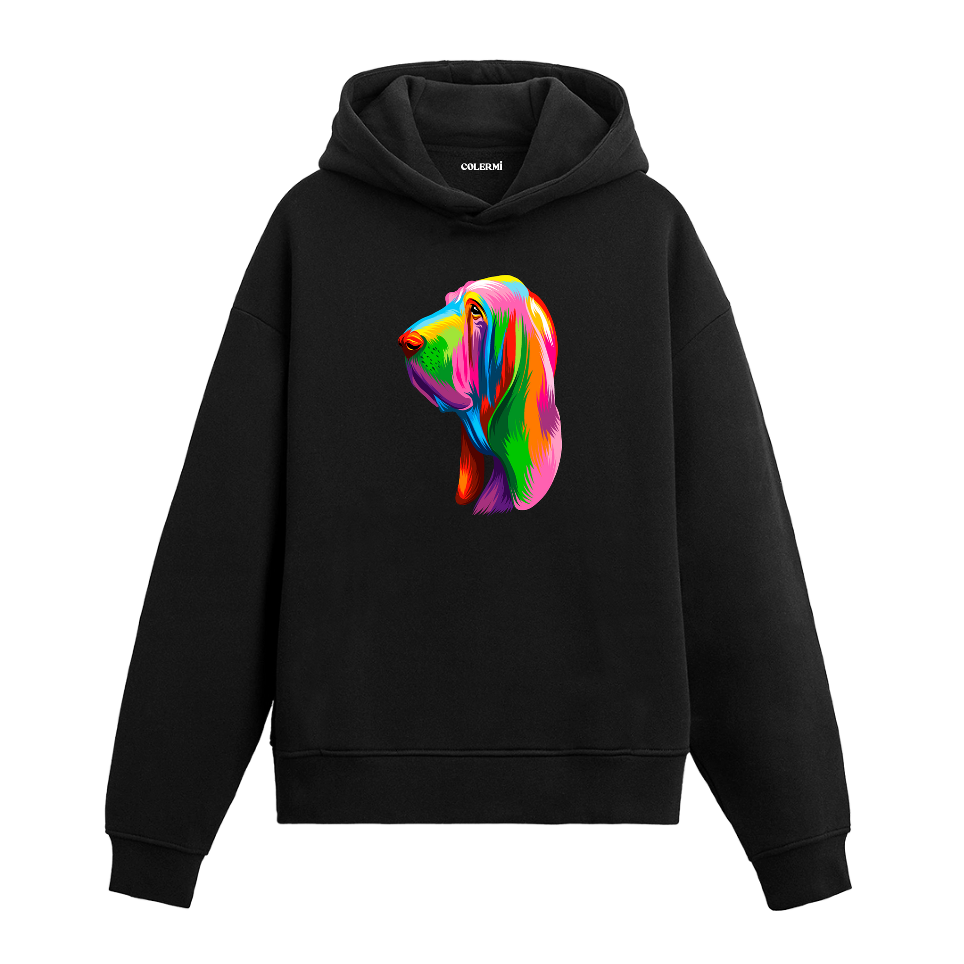 Renkli Bloodhound (Kan Tazısı) köpek baskılı siyah hoodie