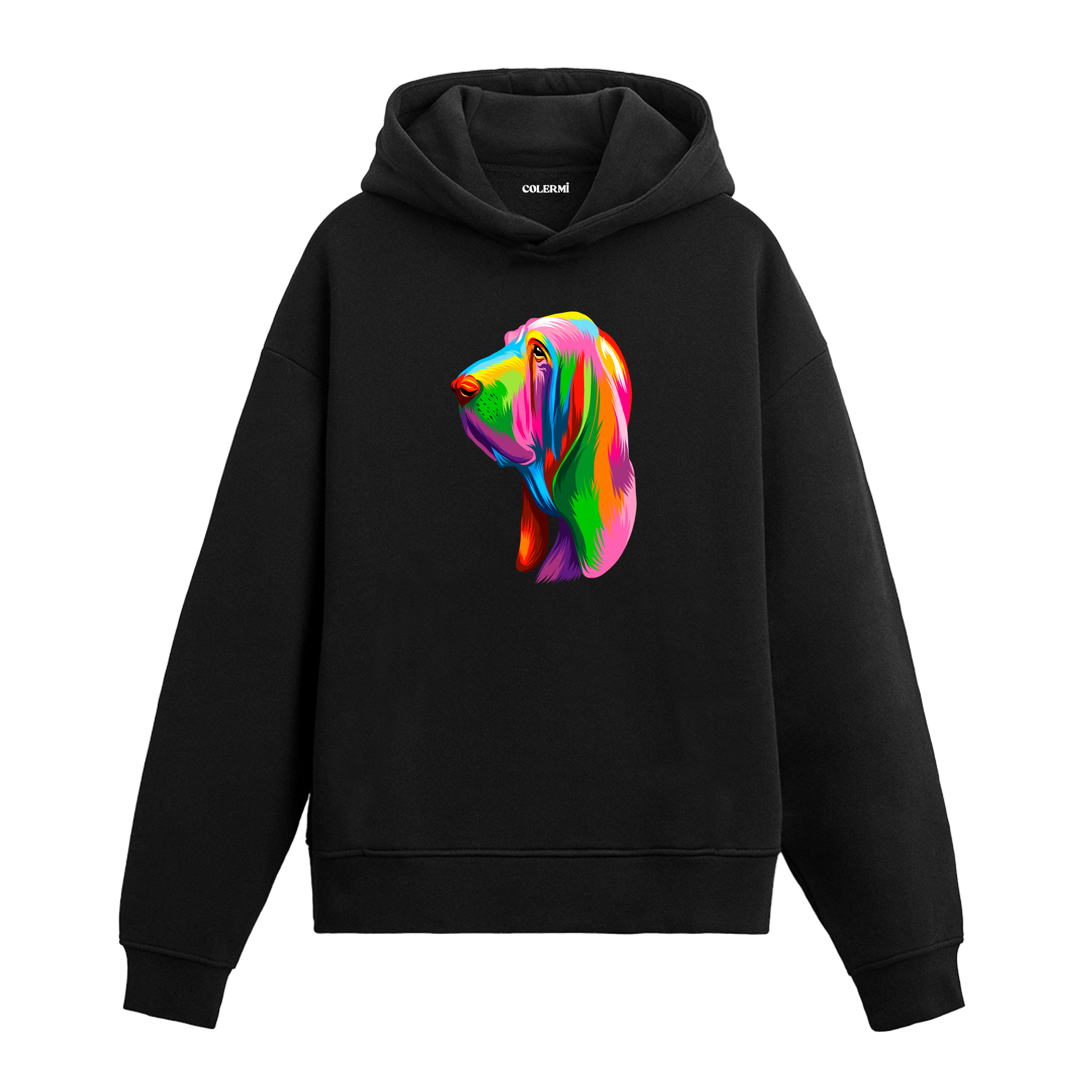 Renkli Bloodhound (Kan Tazısı) köpek baskılı siyah hoodie