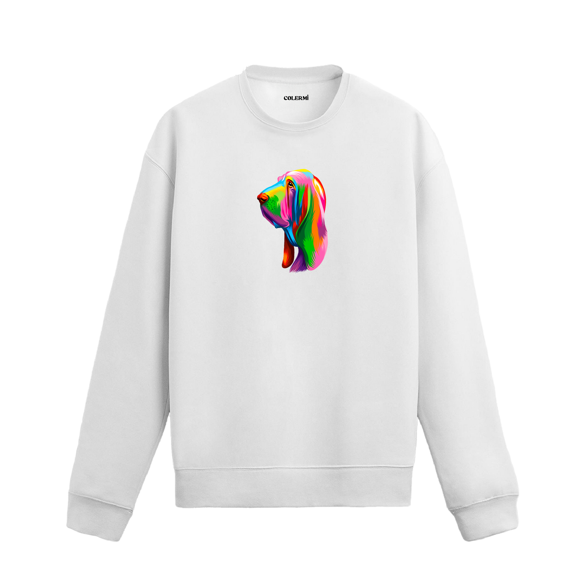 Siyah sweatshirt üzerinde renkli Bloodhound köpek baskısı