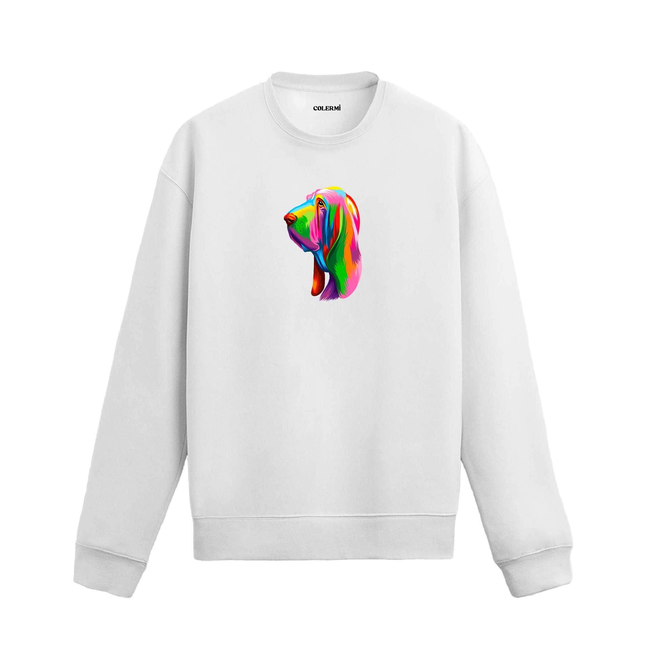 Siyah sweatshirt üzerinde renkli Bloodhound köpek baskısı