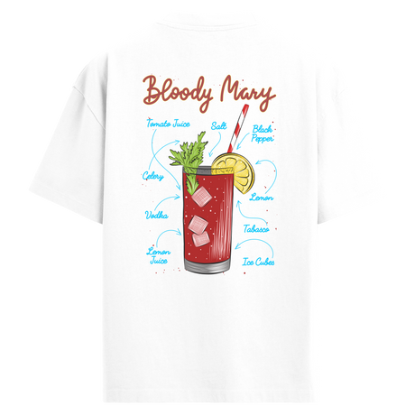 Bloody Mary içeceği tarifli sırt baskılı beyaz oversize tişört