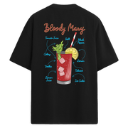 Bloody Mary içeceği tarifli sırt baskılı siyah oversize tişört