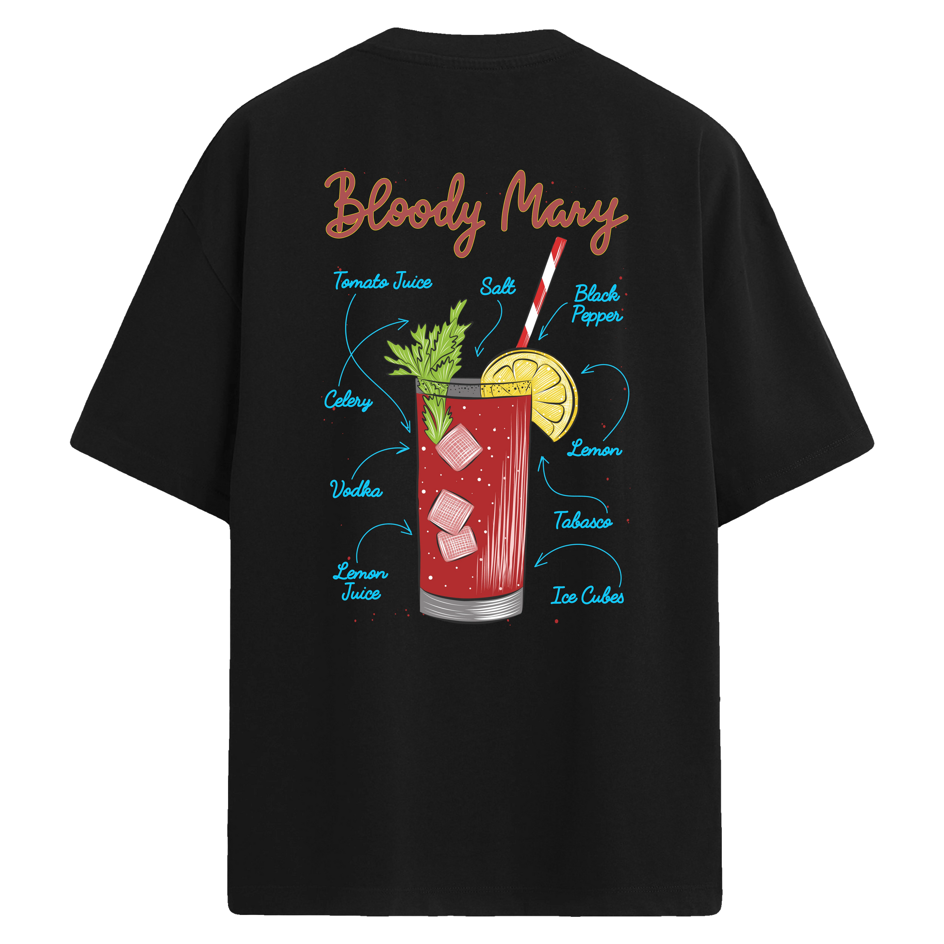 Bloody Mary içeceği tarifli sırt baskılı siyah oversize tişört