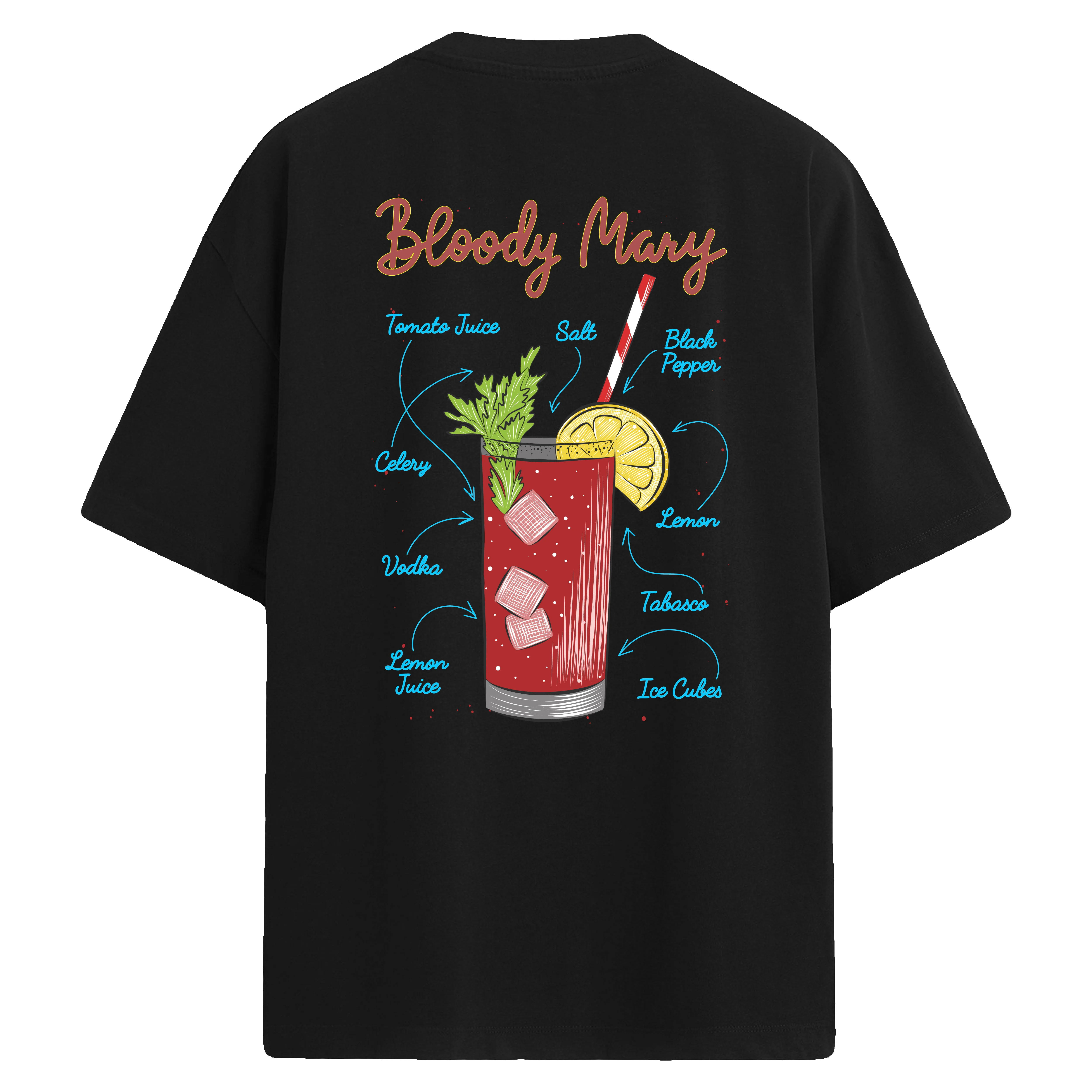 Bloody Mary içeceği tarifli sırt baskılı siyah oversize tişört