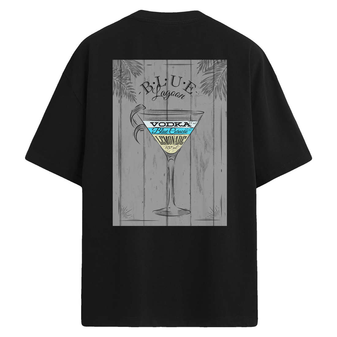 Blue Lagoon kokteyl baskılı, tropikal ve şık sırt tasarımlı oversize tişört