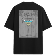 Blue Lagoon kokteyl baskılı, tropikal ve şık sırt tasarımlı oversize tişört