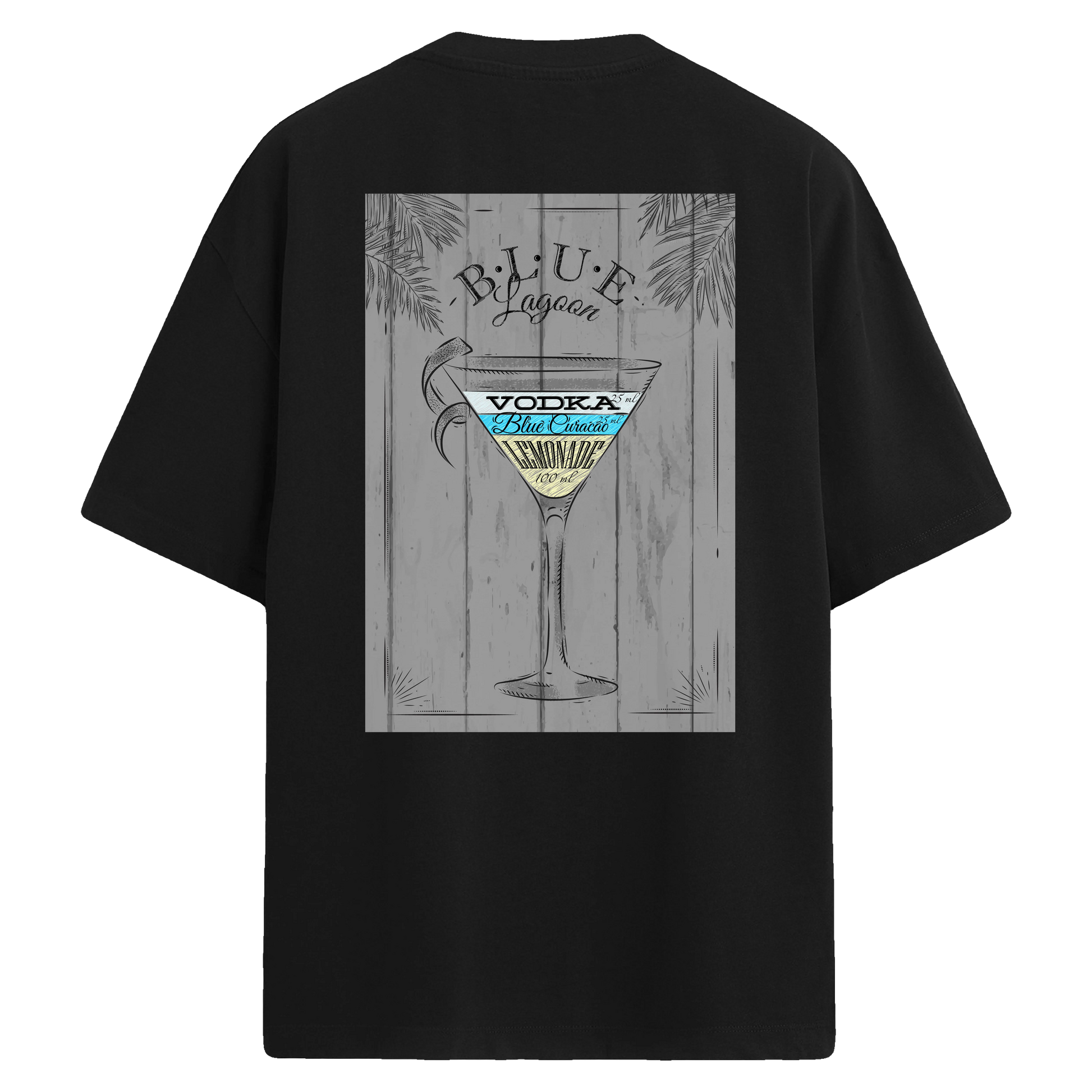 Blue Lagoon kokteyl baskılı, tropikal ve şık sırt tasarımlı oversize tişört