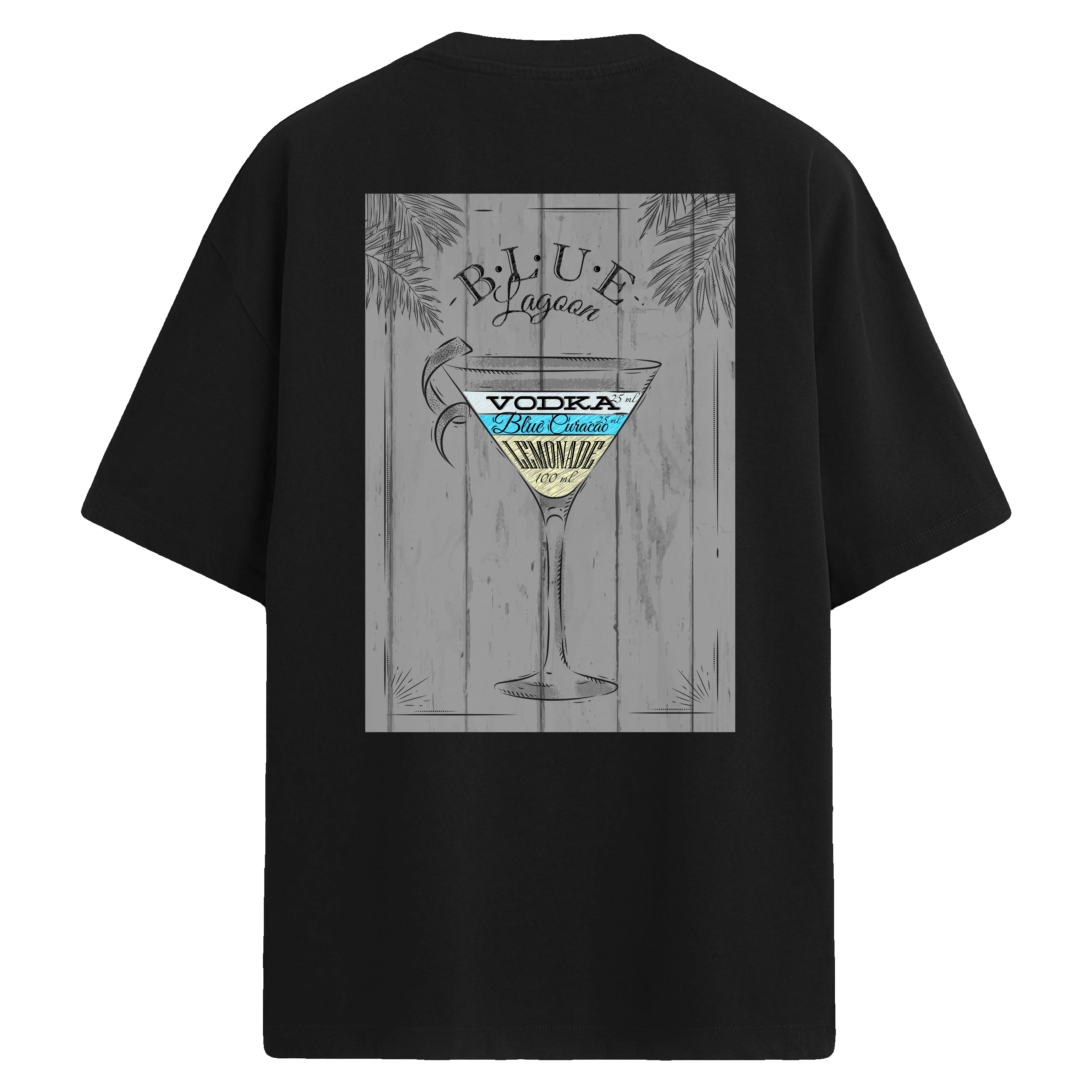 Blue Lagoon kokteyl baskılı, tropikal ve şık sırt tasarımlı oversize tişört