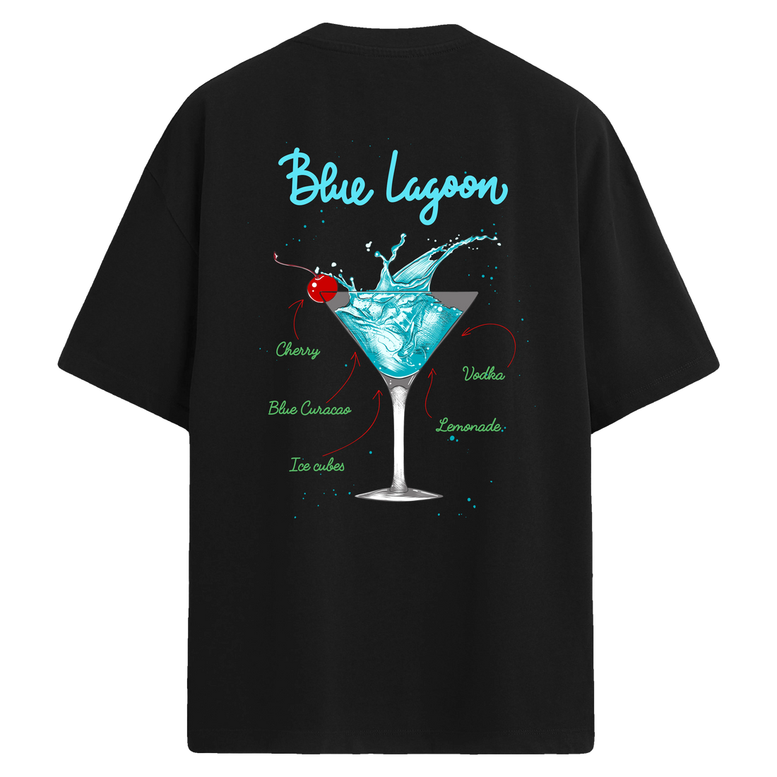 Blue Lagoon baskılı, sıçrayan mavi kokteyl temalı sırt tasarımlı oversize tişört