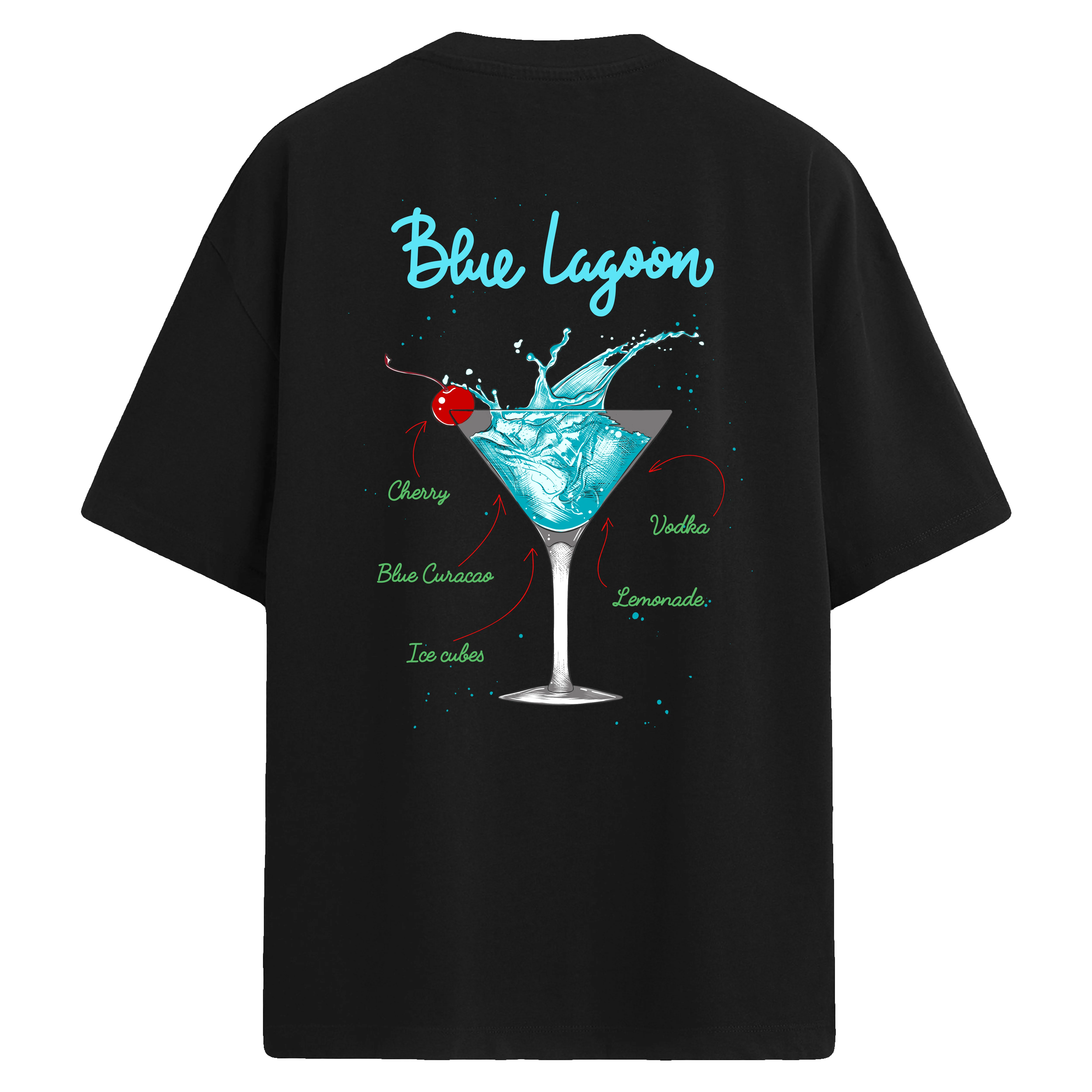 Blue Lagoon baskılı, sıçrayan mavi kokteyl temalı sırt tasarımlı oversize tişört