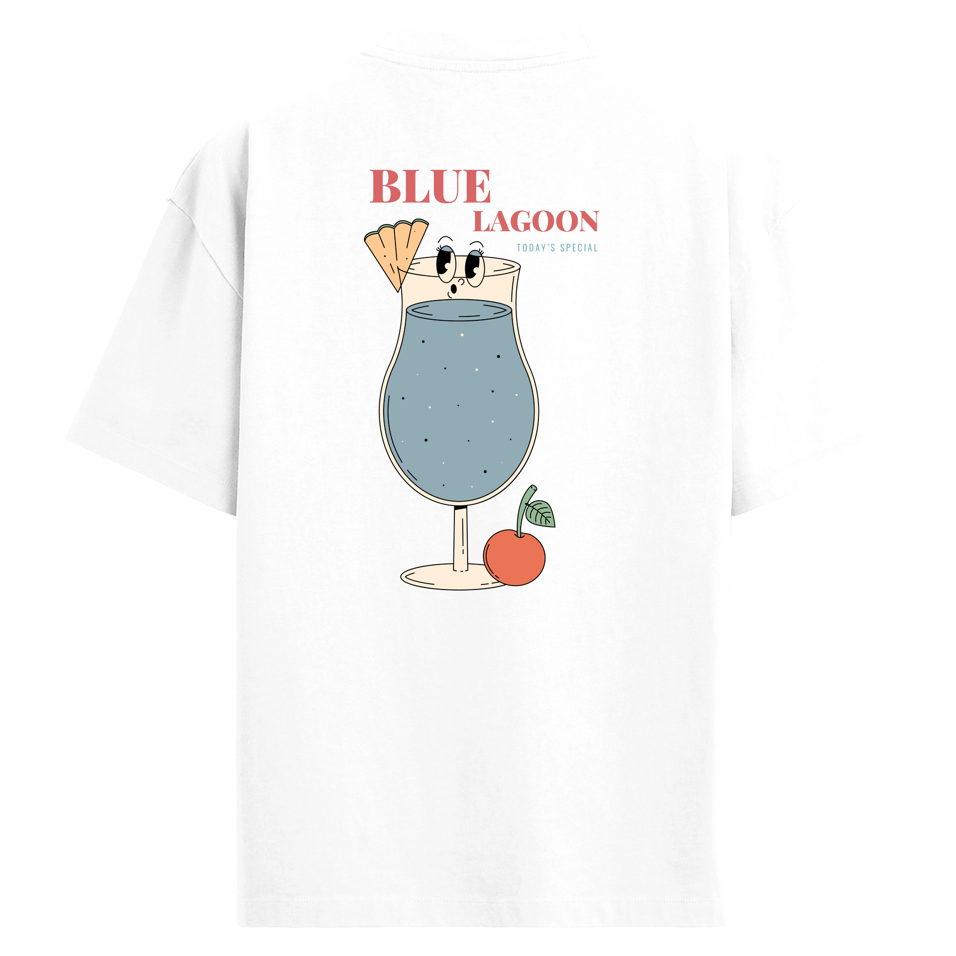 Blue Lagoon kokteyl figürlü sırt baskılı oversize tişört tasarımı