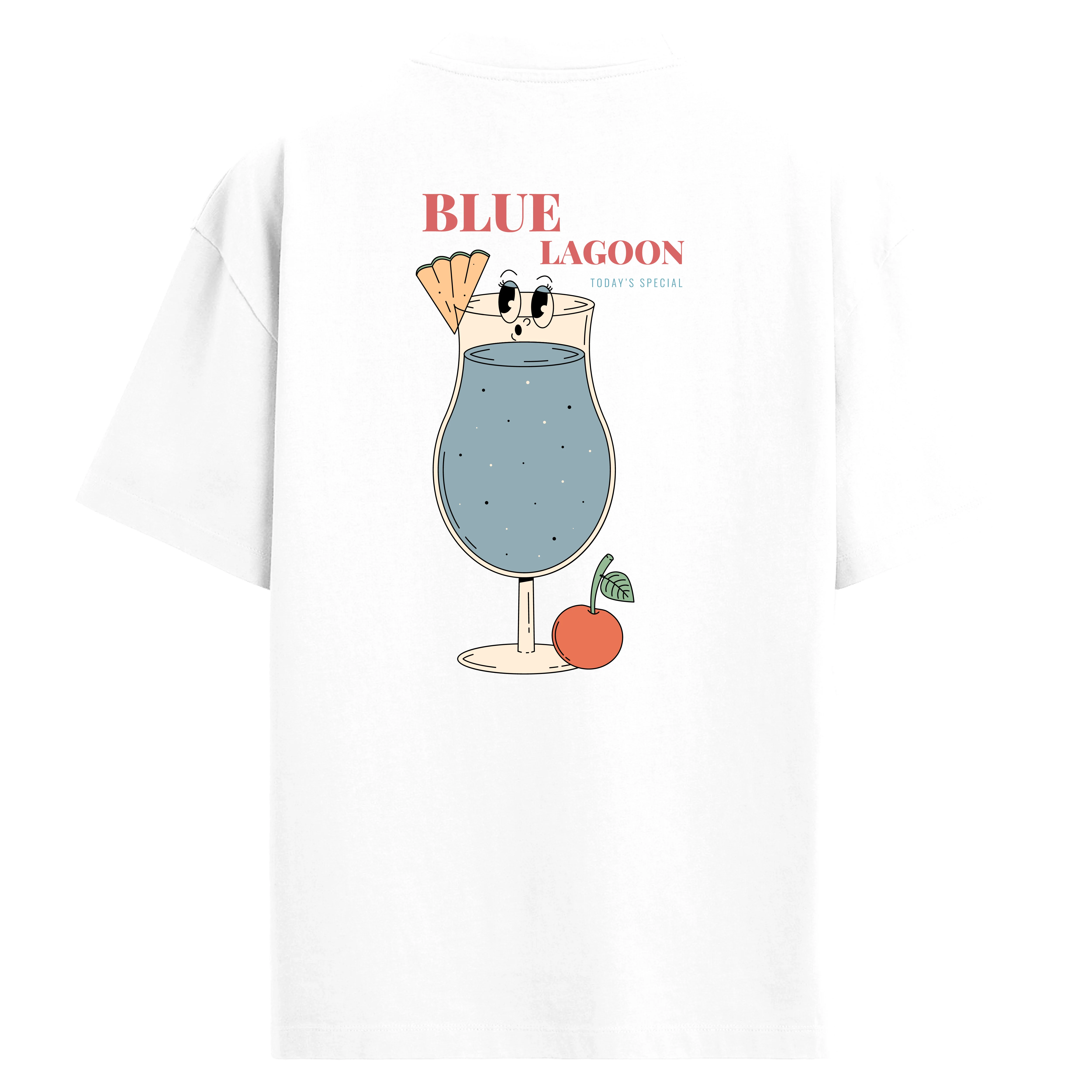 Blue Lagoon kokteyl figürlü sırt baskılı oversize tişört tasarımı