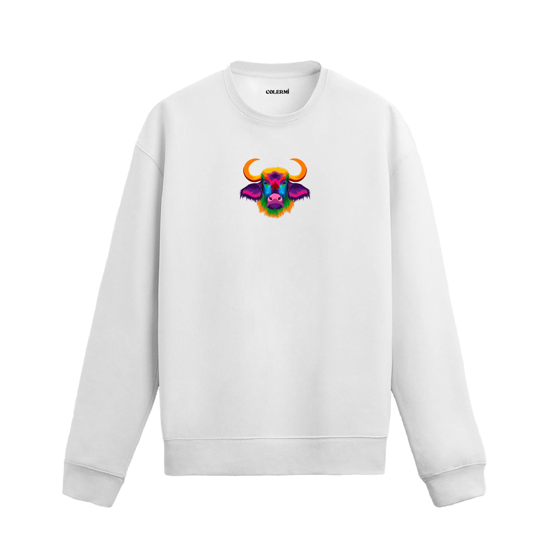 beyaz sweatshirt üzerinde renkli boğa başı baskısı