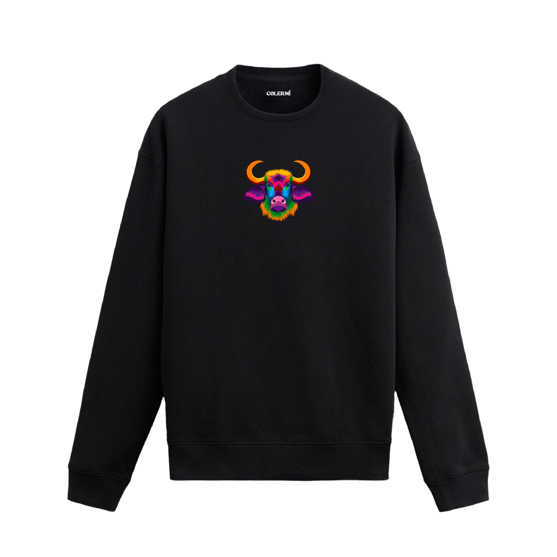 Siyah sweatshirt üzerinde renkli boğa başı baskısı